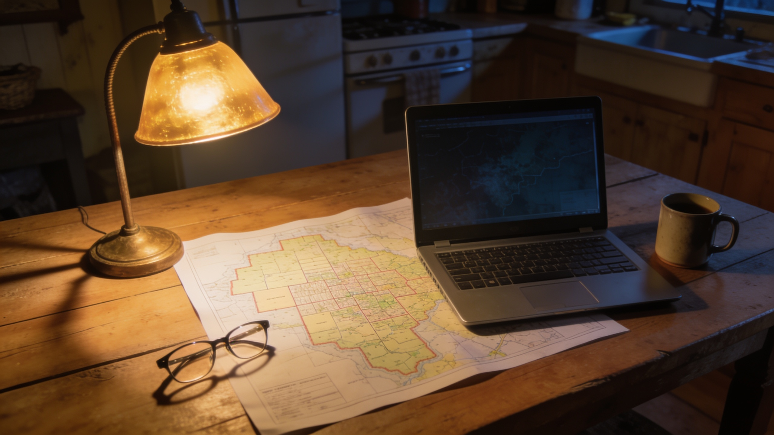 Kitchen table at night with an open laptop beside a printed county plat map