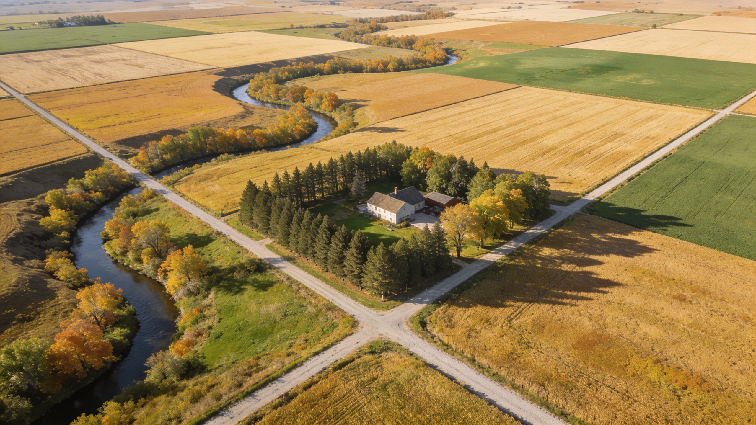 Aerial view of a Midwest family farm: crop fields, a wooded creek draw, a farmstead with shelterbelt, and gravel section roads