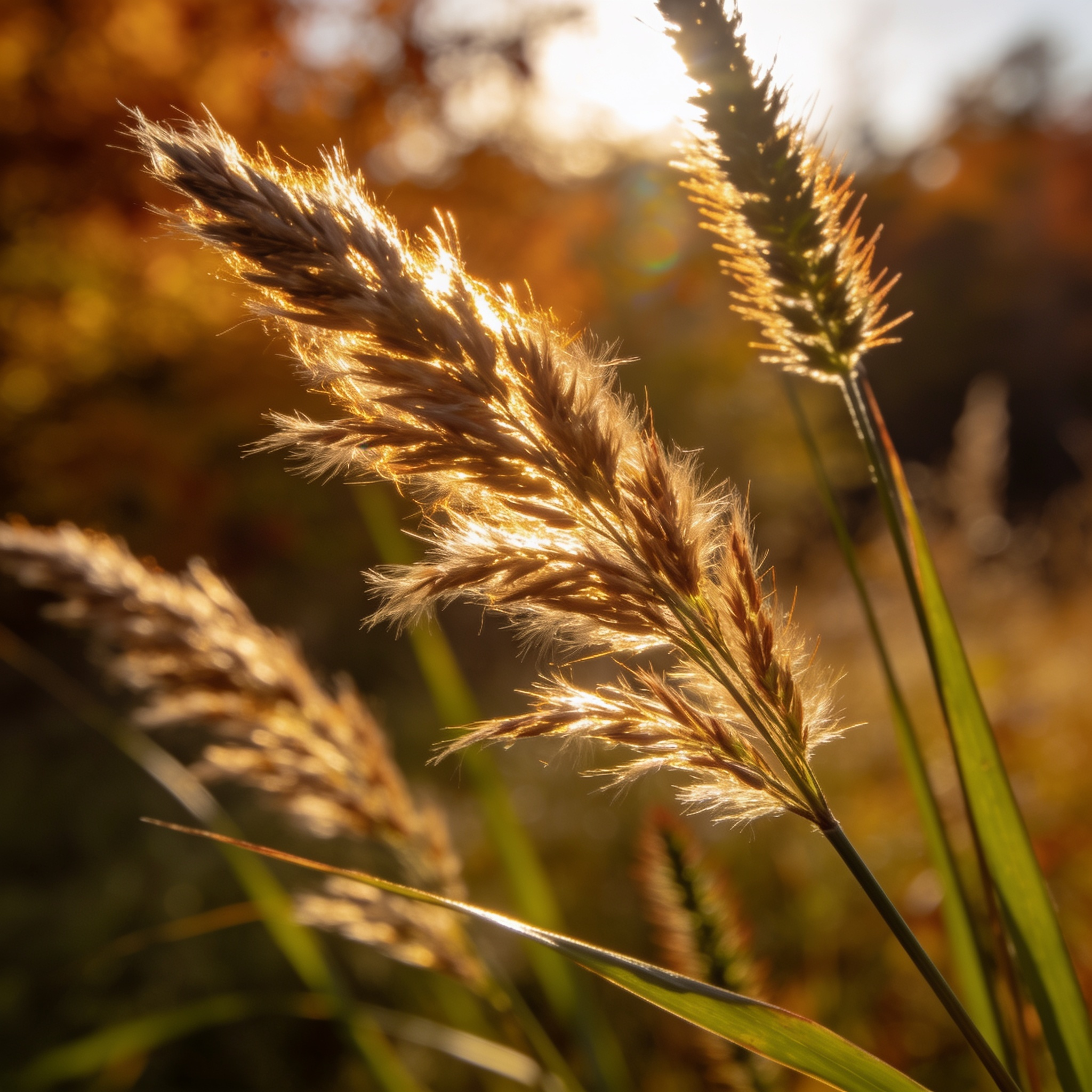Switchgrass and big bluestem seedheads backlit by low autumn sun