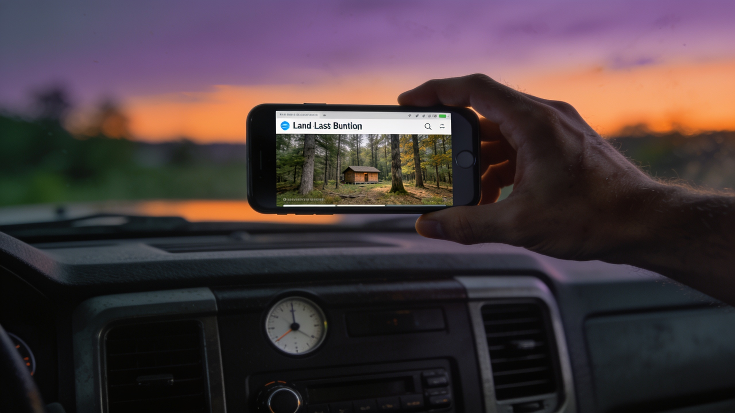 A hand holding a phone above a truck dashboard at dusk, showing a land listing for a wooded property