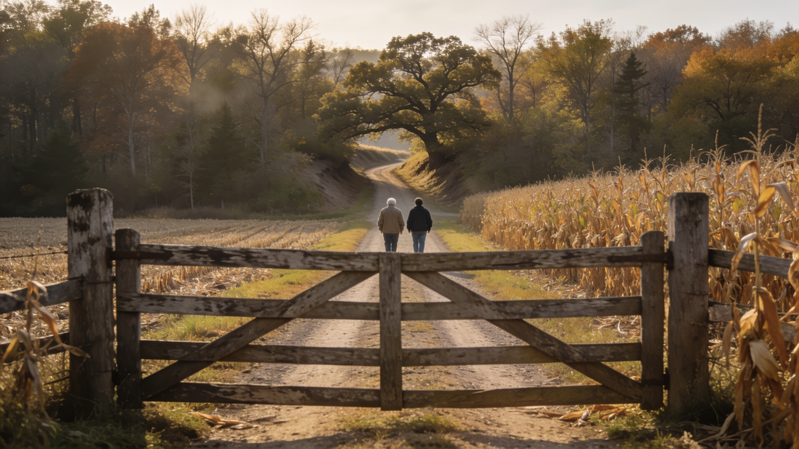 Two people walking a farm lane past a weathered gate at golden hour, harvested corn on one side and timber ahead