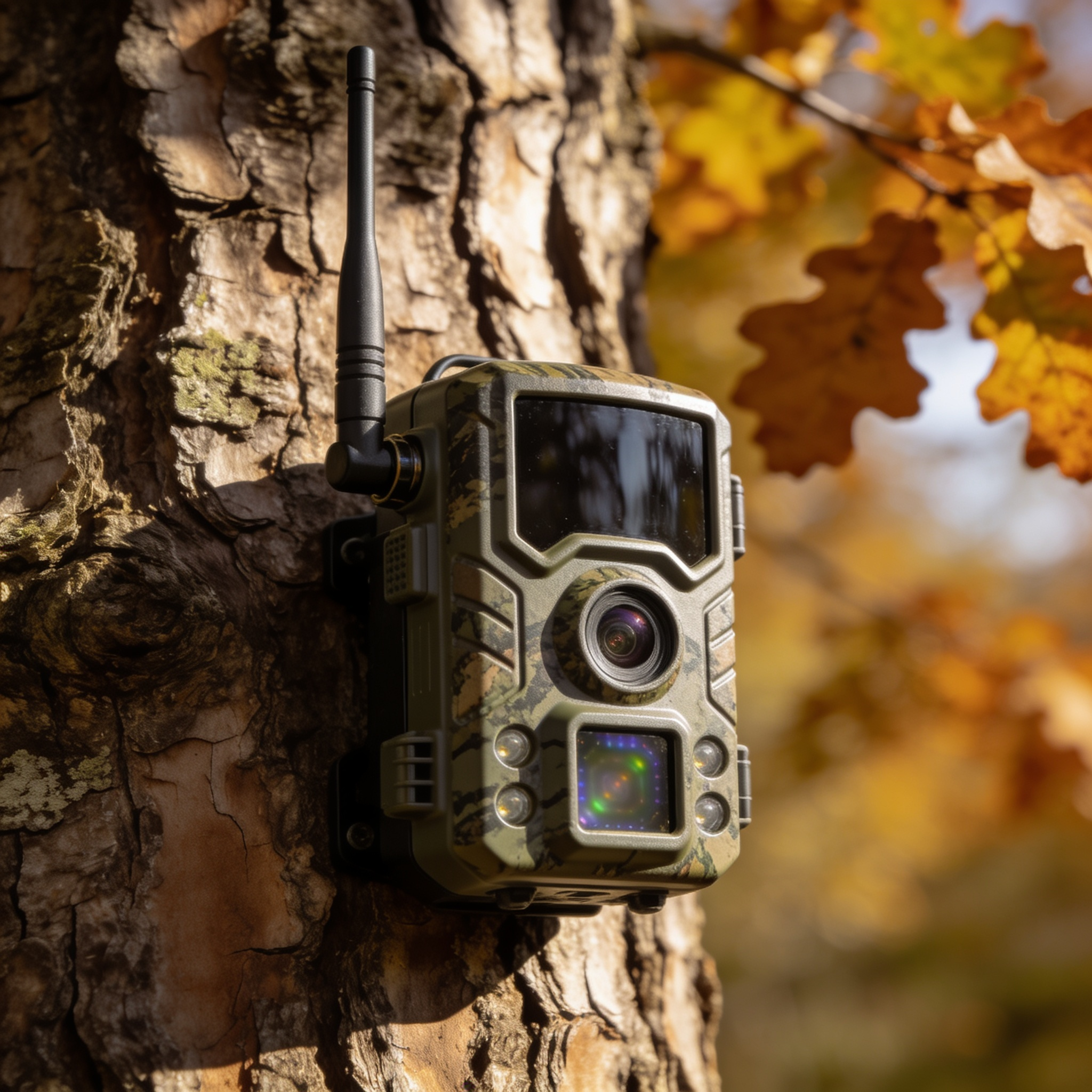 Close-up of a trail camera lens and antenna against oak bark