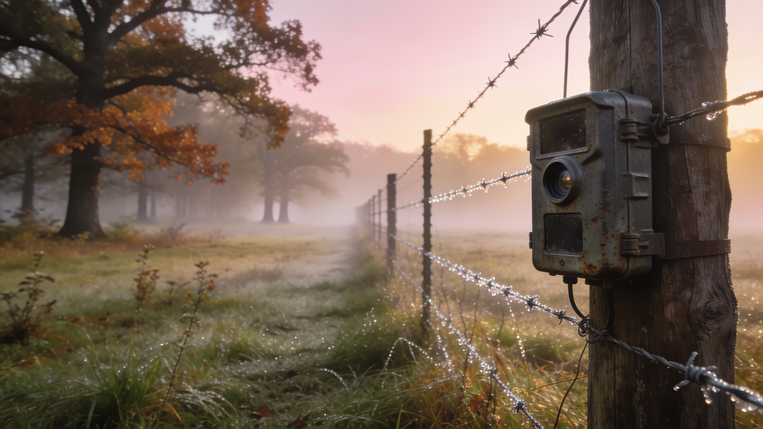 A barbed-wire fence line at dawn in ground mist, a trail camera on the private side and open oak timber beyond
