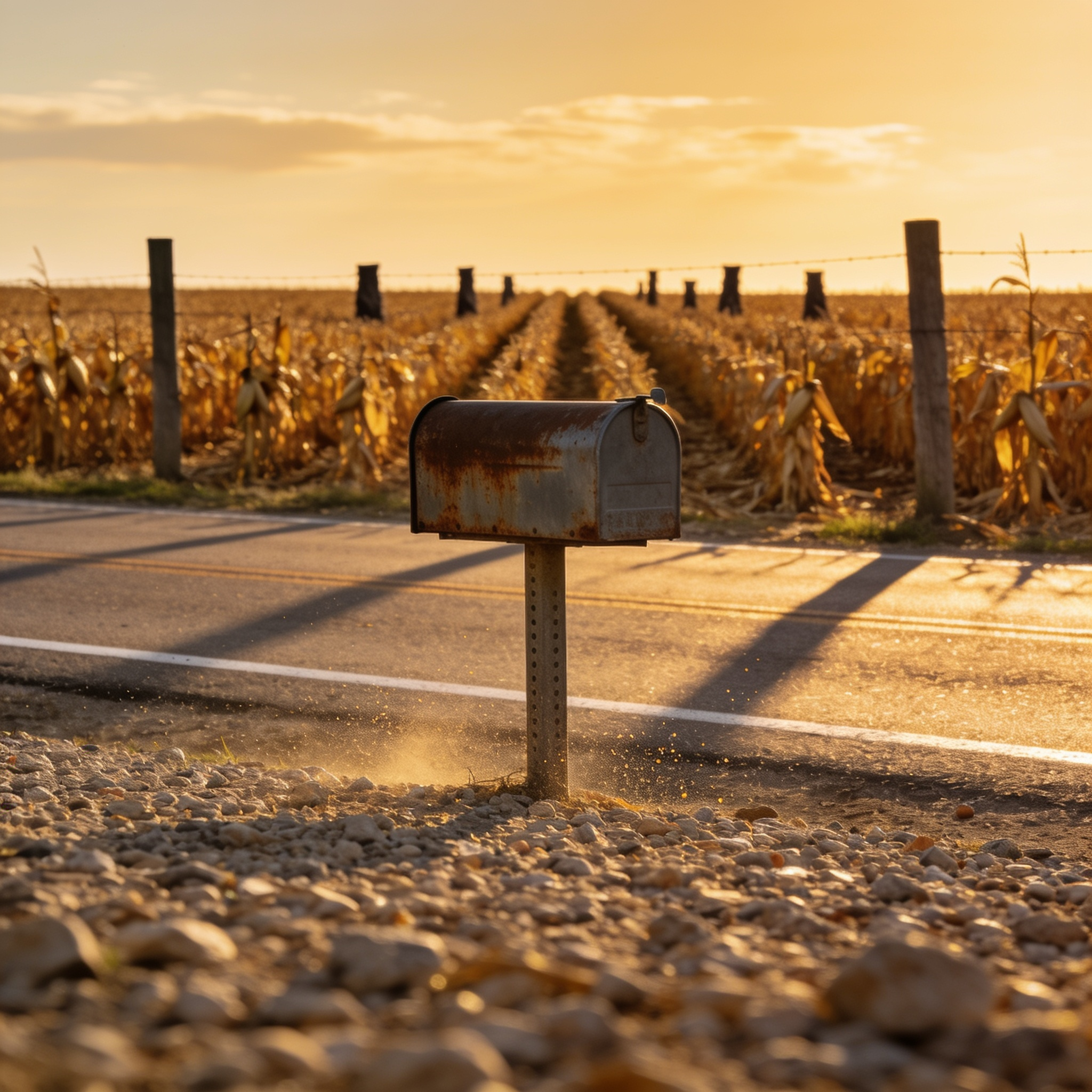 Rural mailbox on a gravel section-line road at evening