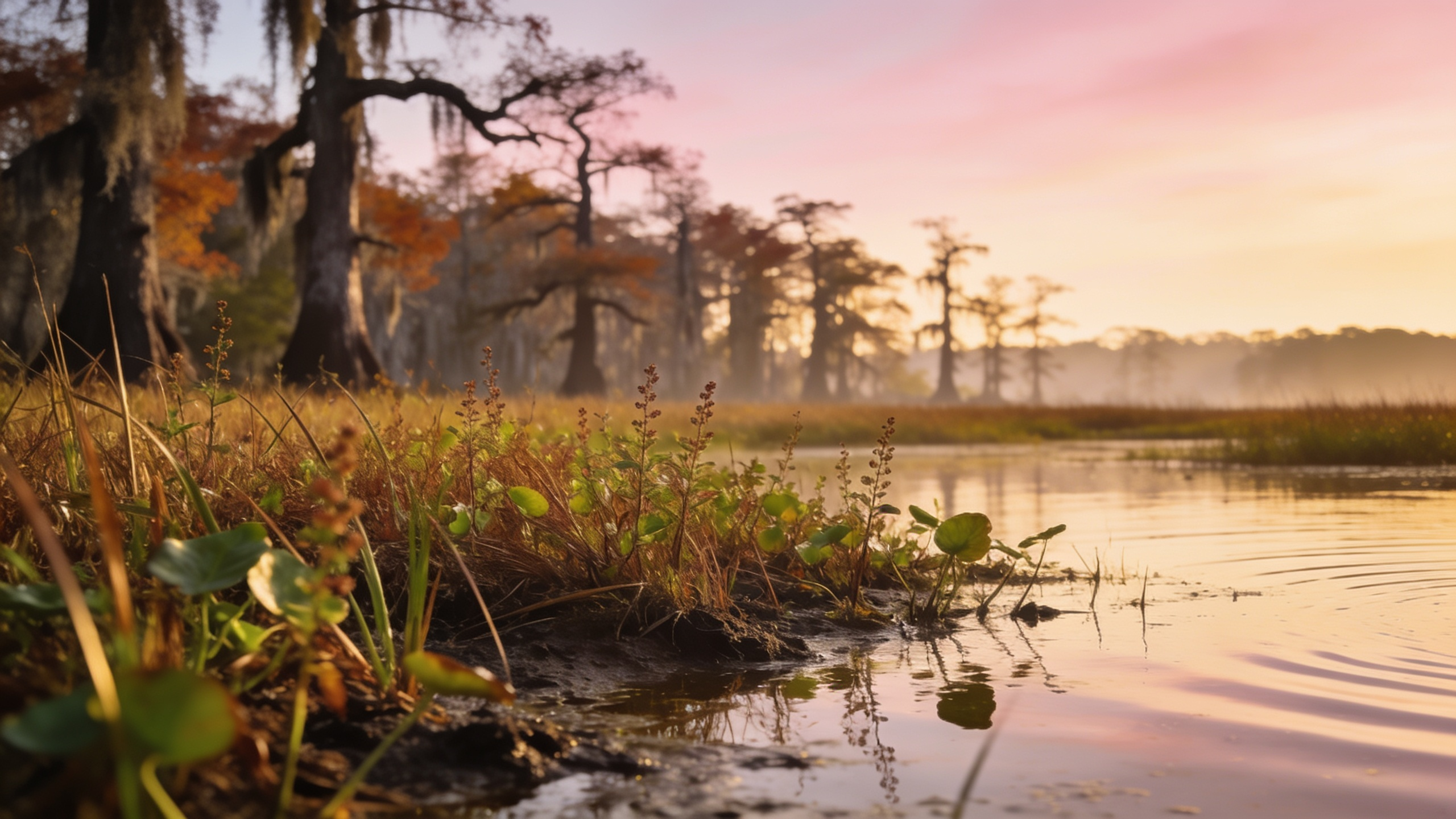 Flooded field edge with moist-soil vegetation and shallow standing water at first light