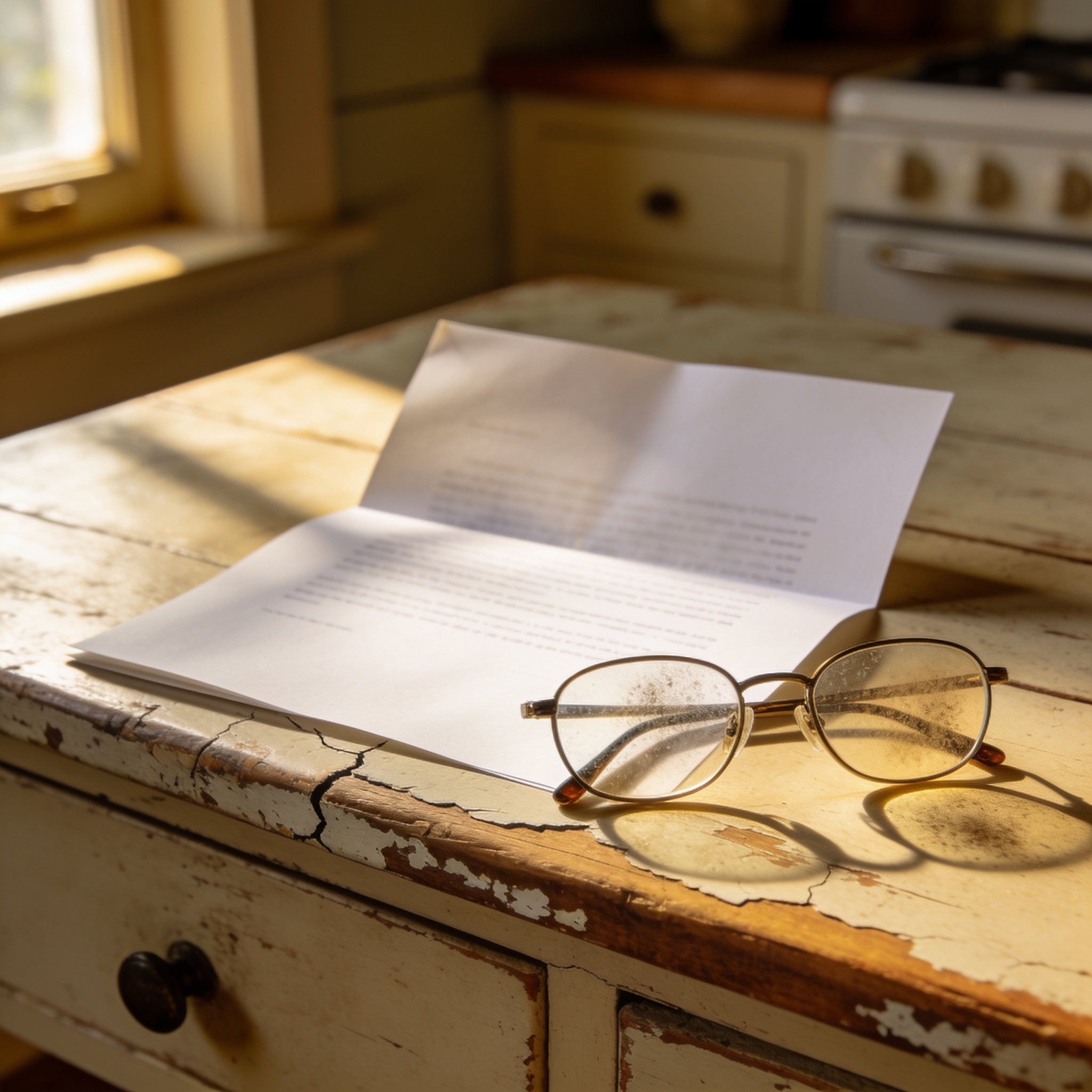 An opened letter and reading glasses on a farmhouse kitchen table
