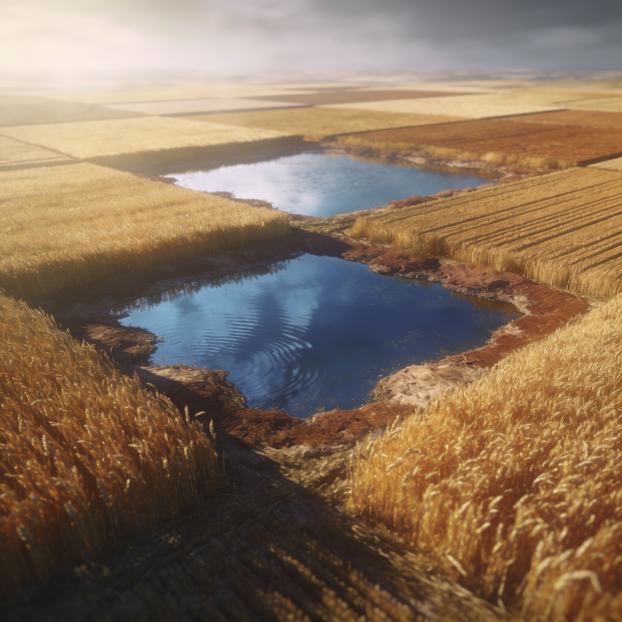 Aerial view of prairie pothole country in early fall, wetlands with dry margins among grain fields