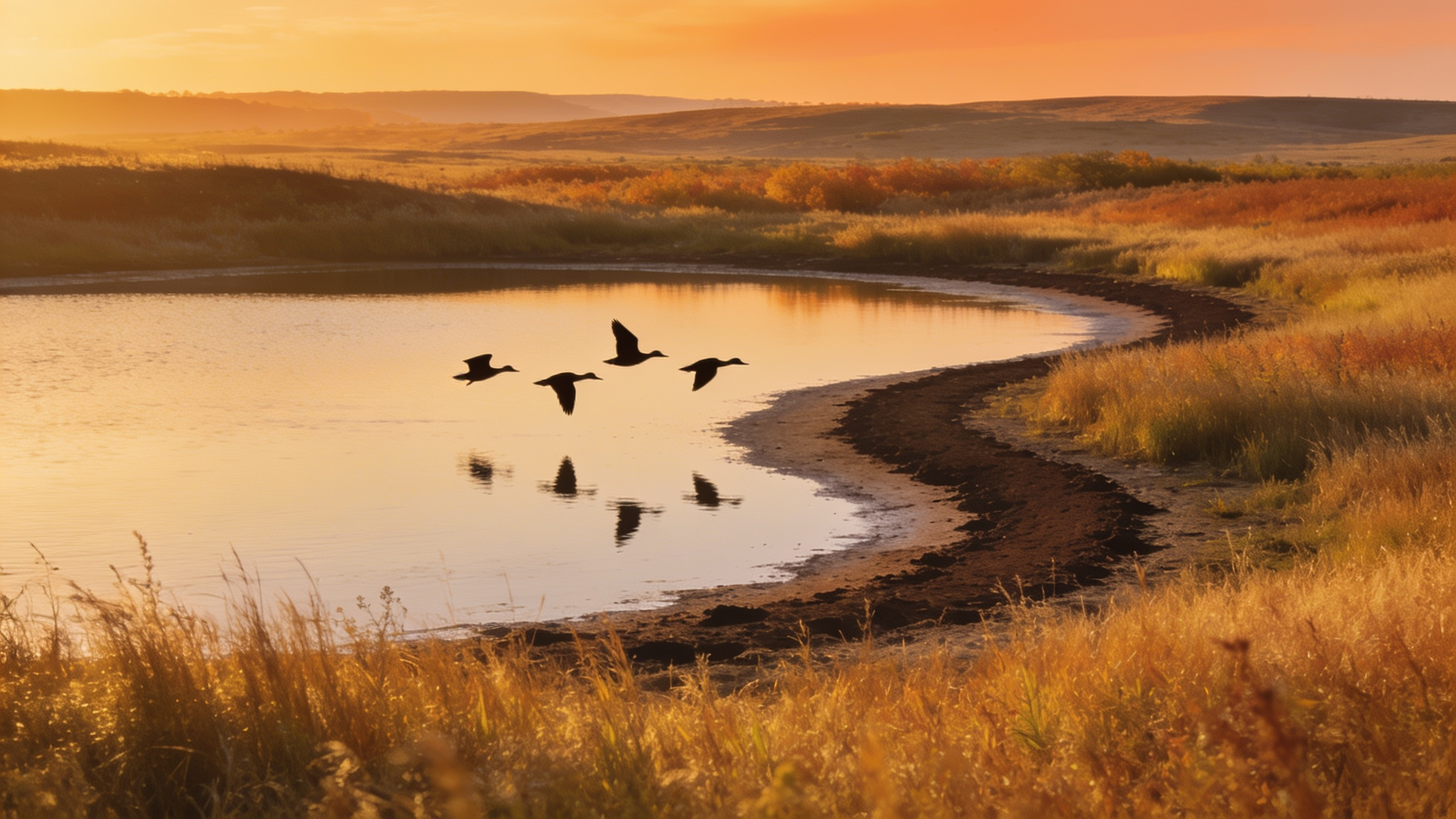 Ducks in silhouette over a prairie pothole at sunrise, its shoreline receded to a ring of exposed mud