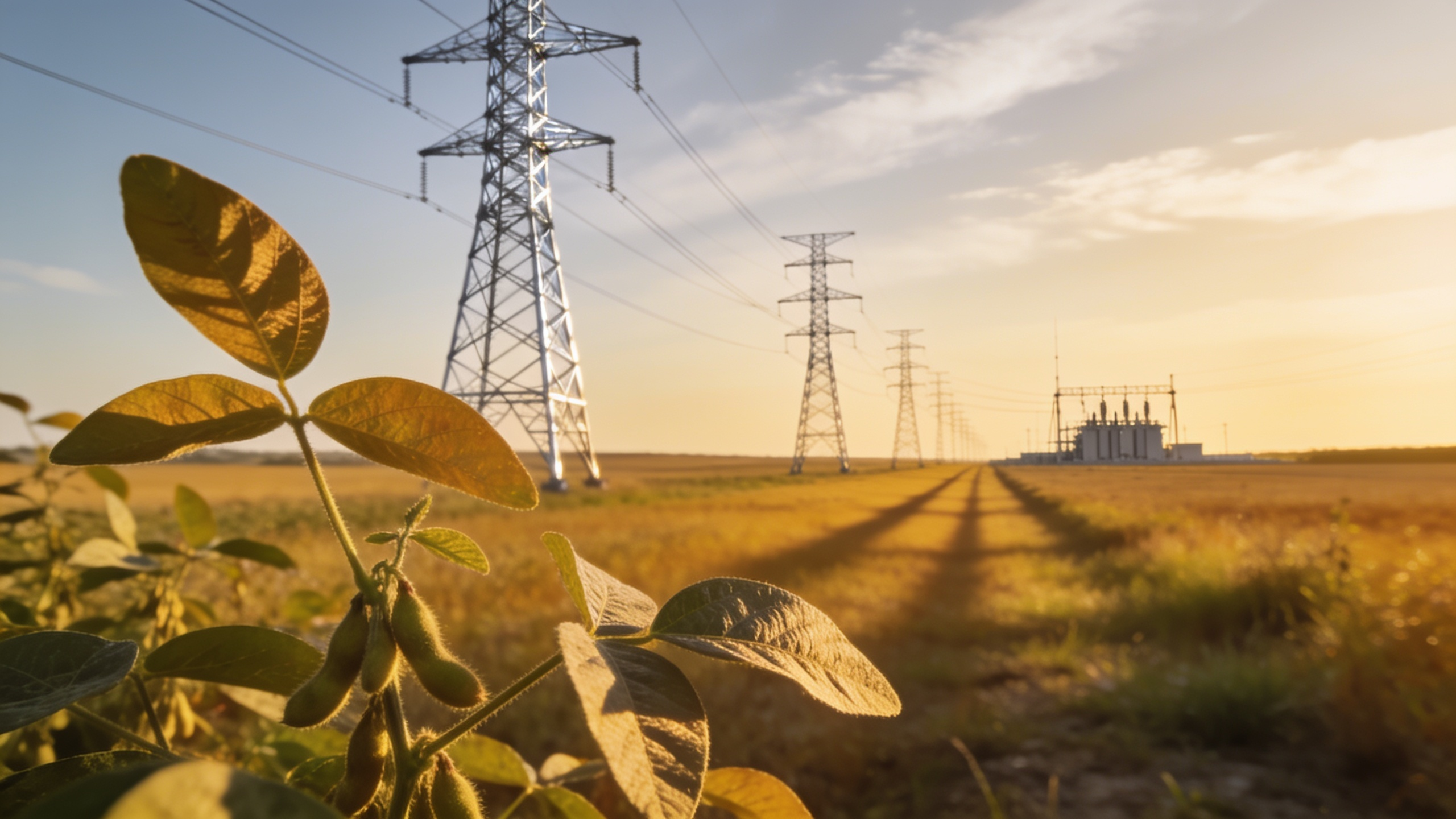 Corn Belt soybean field at golden hour with transmission towers running toward a distant substation