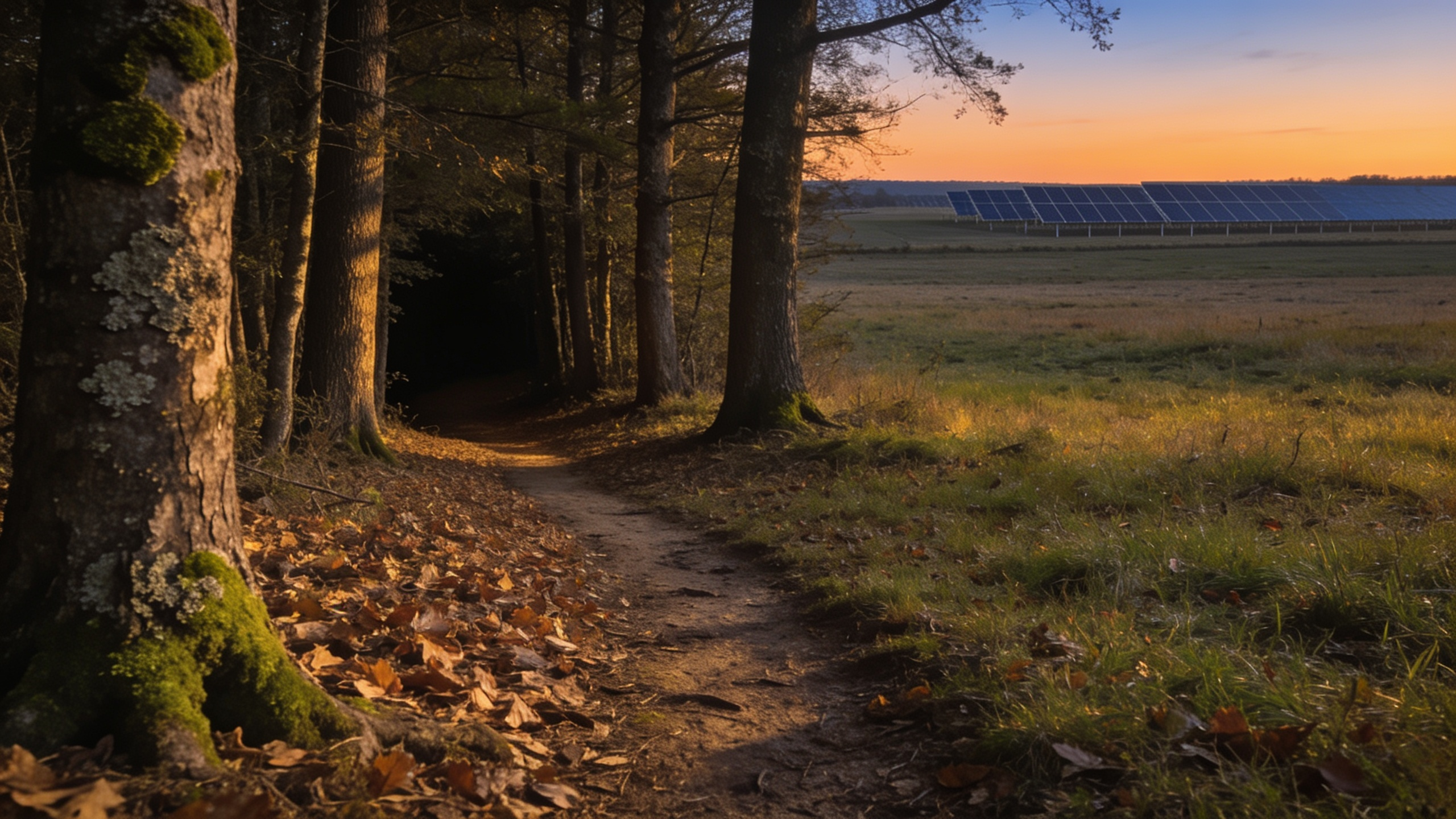 Dusk landscape split between a hardwood timber edge with a deer trail and open fields with a distant solar array