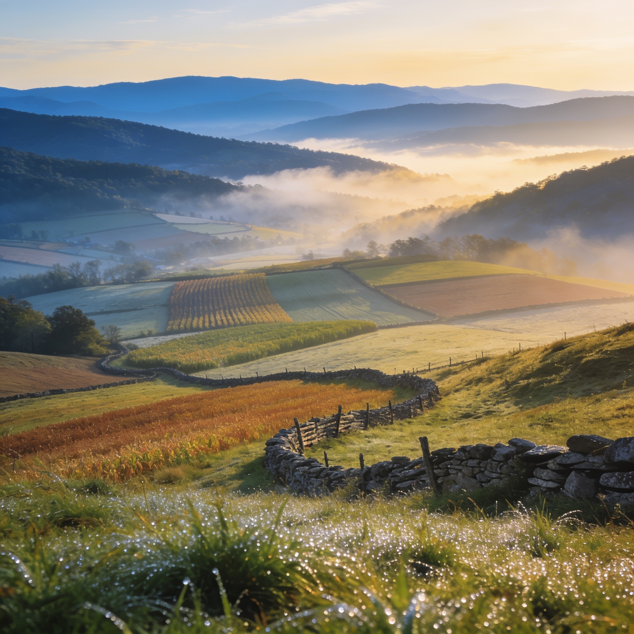Misty Appalachian valley with patchwork farms seen from a ridgetop at dawn