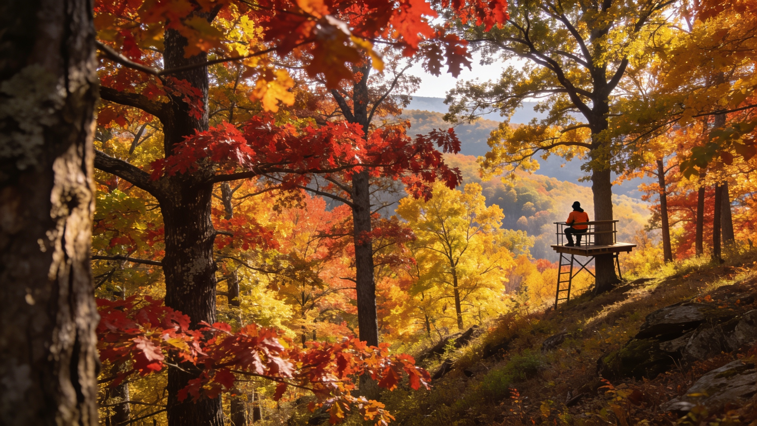 Pennsylvania ridge-and-valley hardwoods in fall color with a hunter in blaze orange on an elevated stand