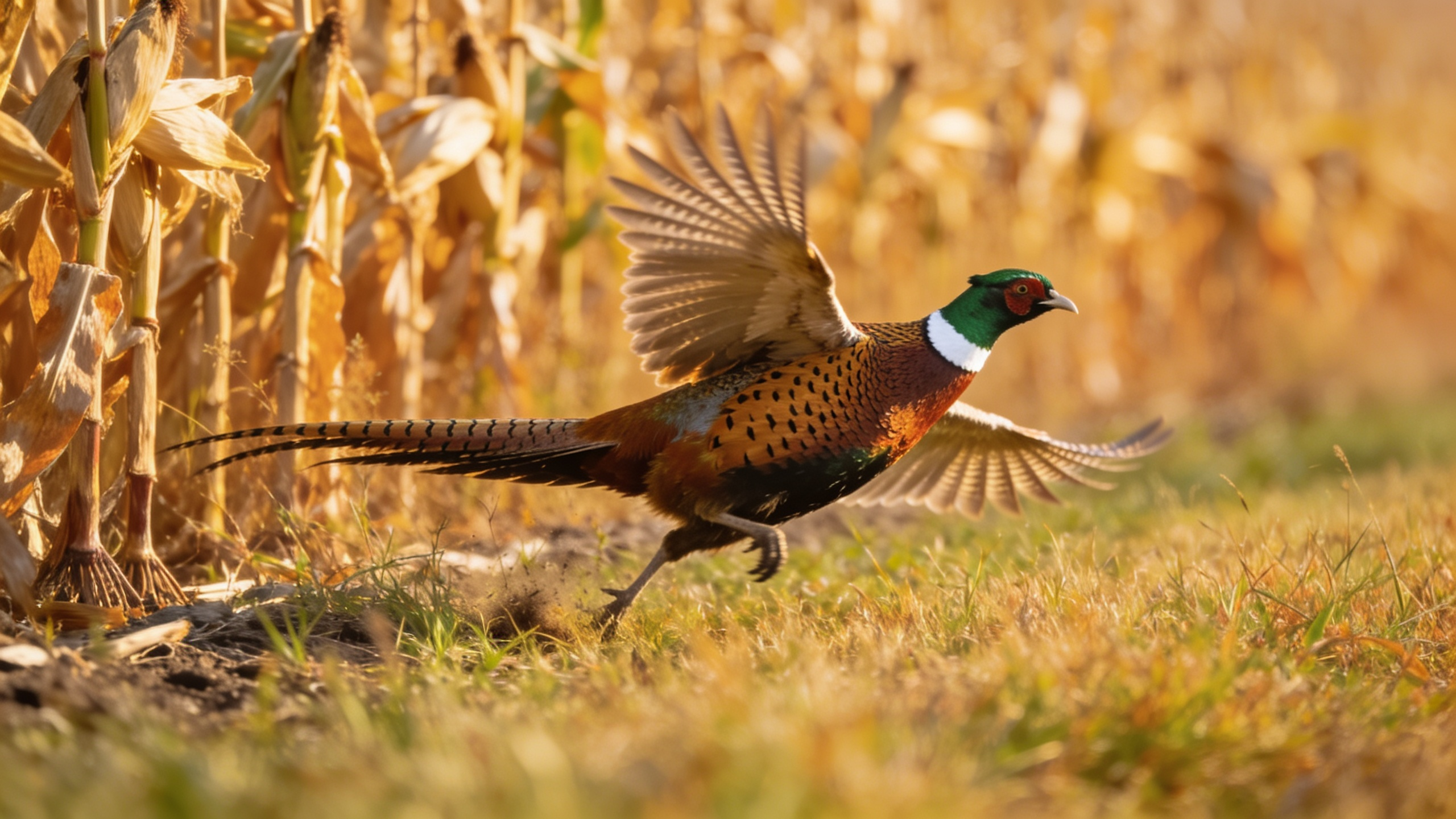 Rooster pheasant flushing from a native grass CRP edge with picked corn beyond