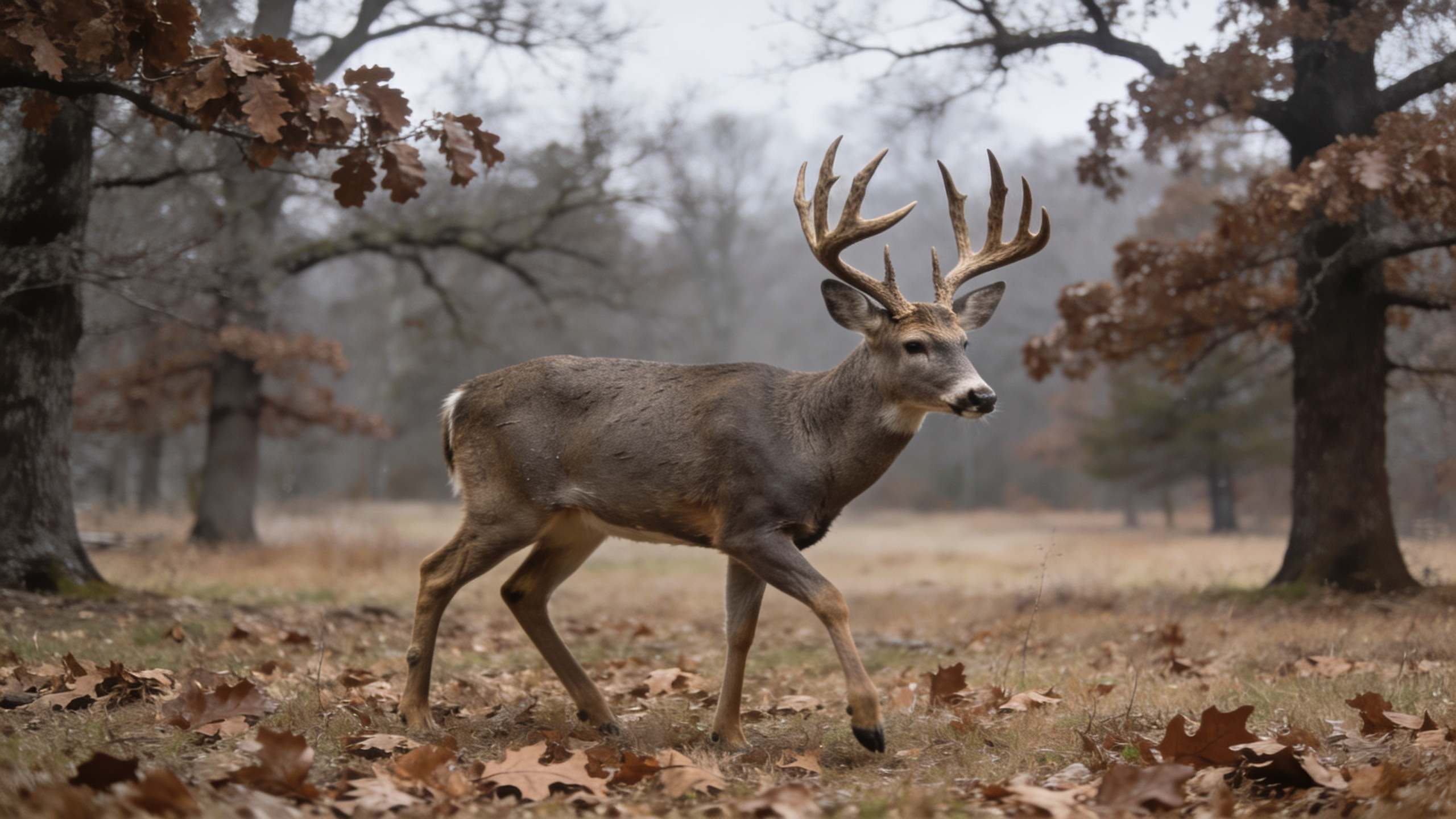 Whitetail buck crossing a Pennsylvania oak bench in November light