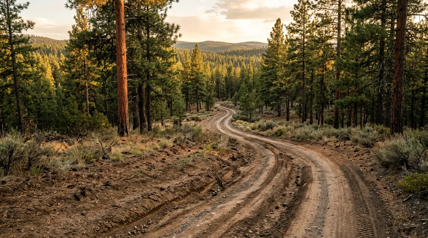 A two-track dirt road running into open ponderosa pine forest in late afternoon light