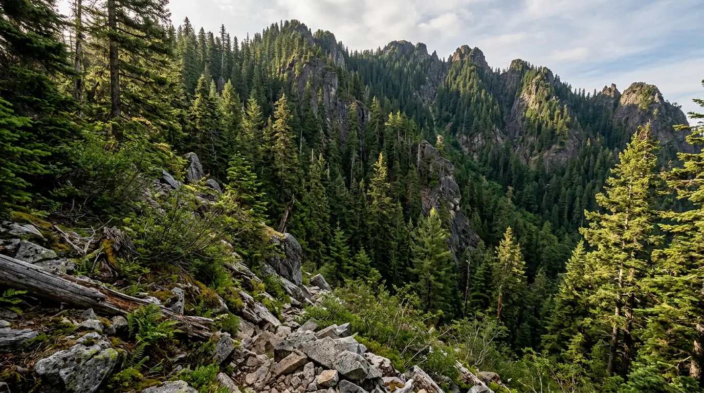 A steep timbered ridge with no trail visible, rock outcrops on the slope