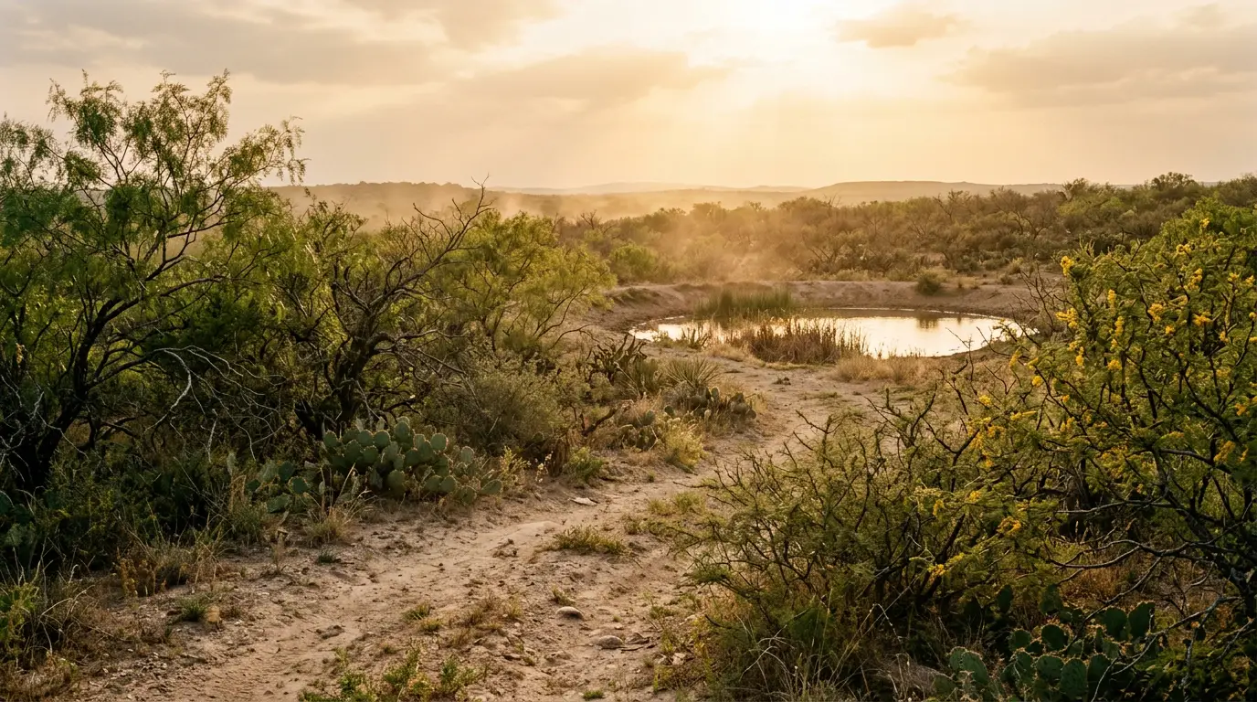 A stock tank in South Texas brush country at golden hour, mesquite and thorn scrub over sandy soil