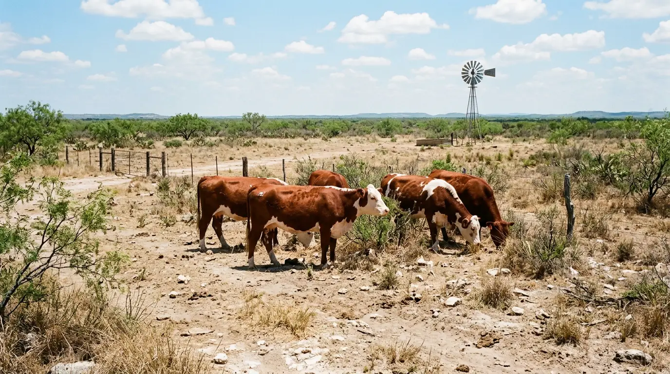 Cattle standing in sparse mesquite rangeland behind a low barbed wire fence
