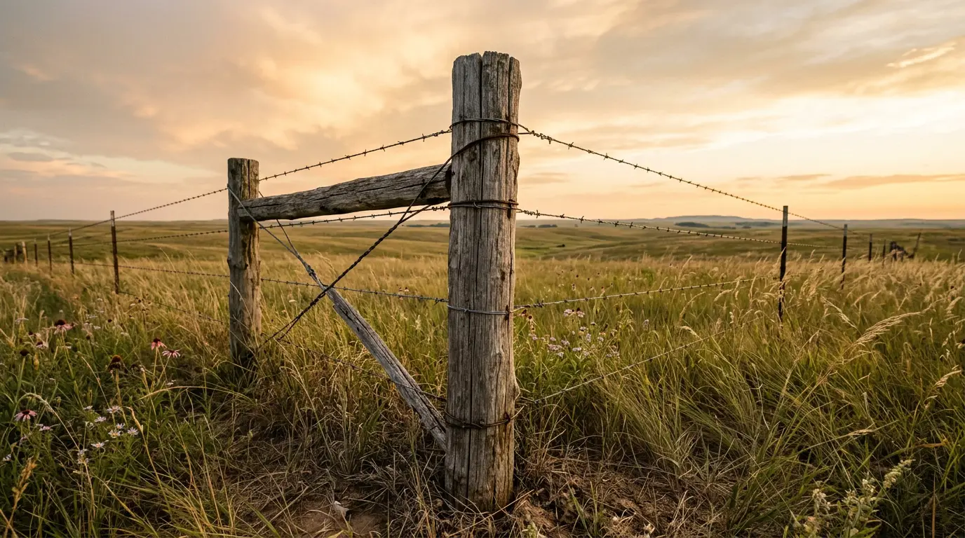 A weathered braced fence post and barbed wire running in a line across open prairie