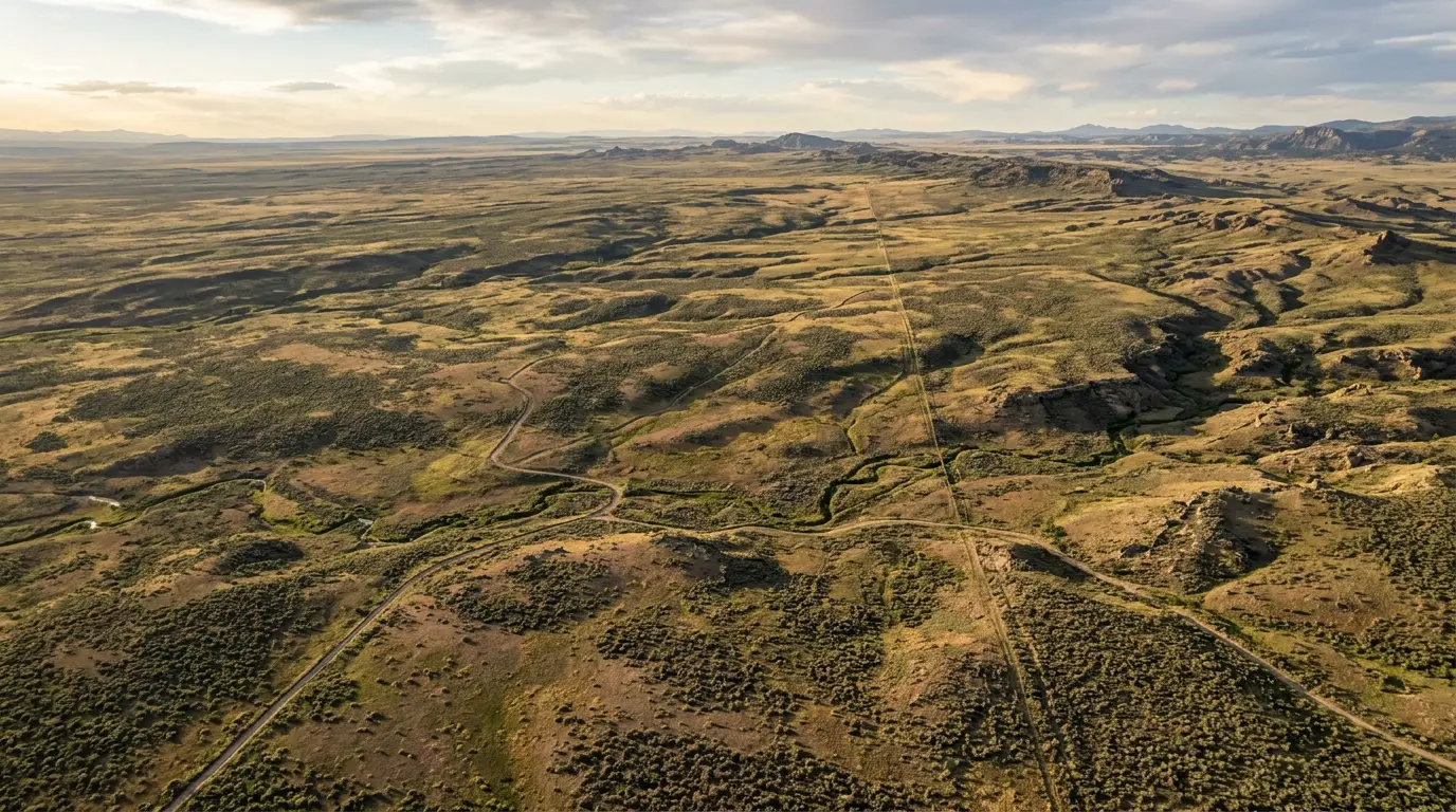 An aerial view of open western rangeland, a straight fence line running to the horizon with two-track roads winding through sage and rocky rims