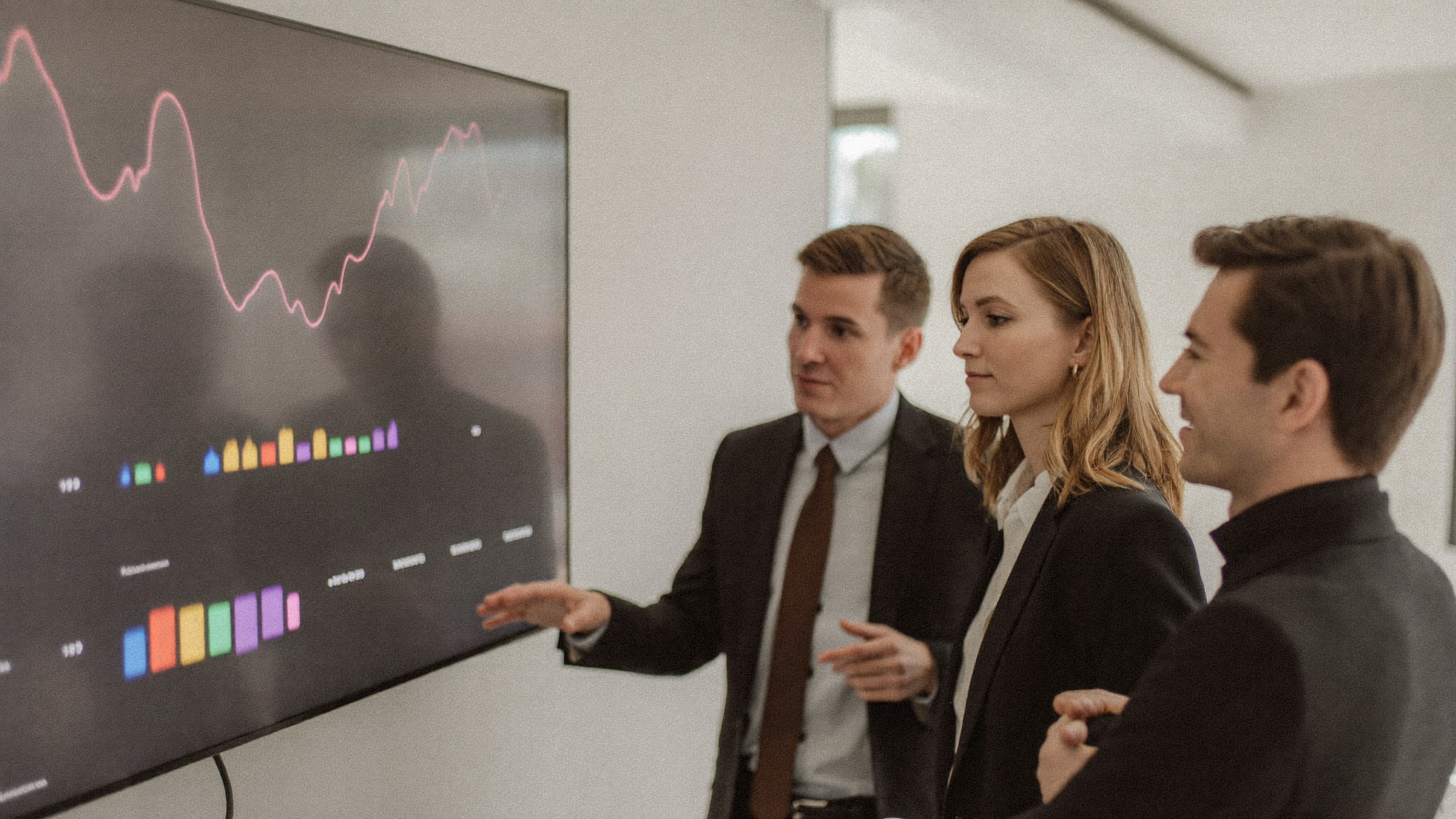 Team discussing metrics on a large dashboard display