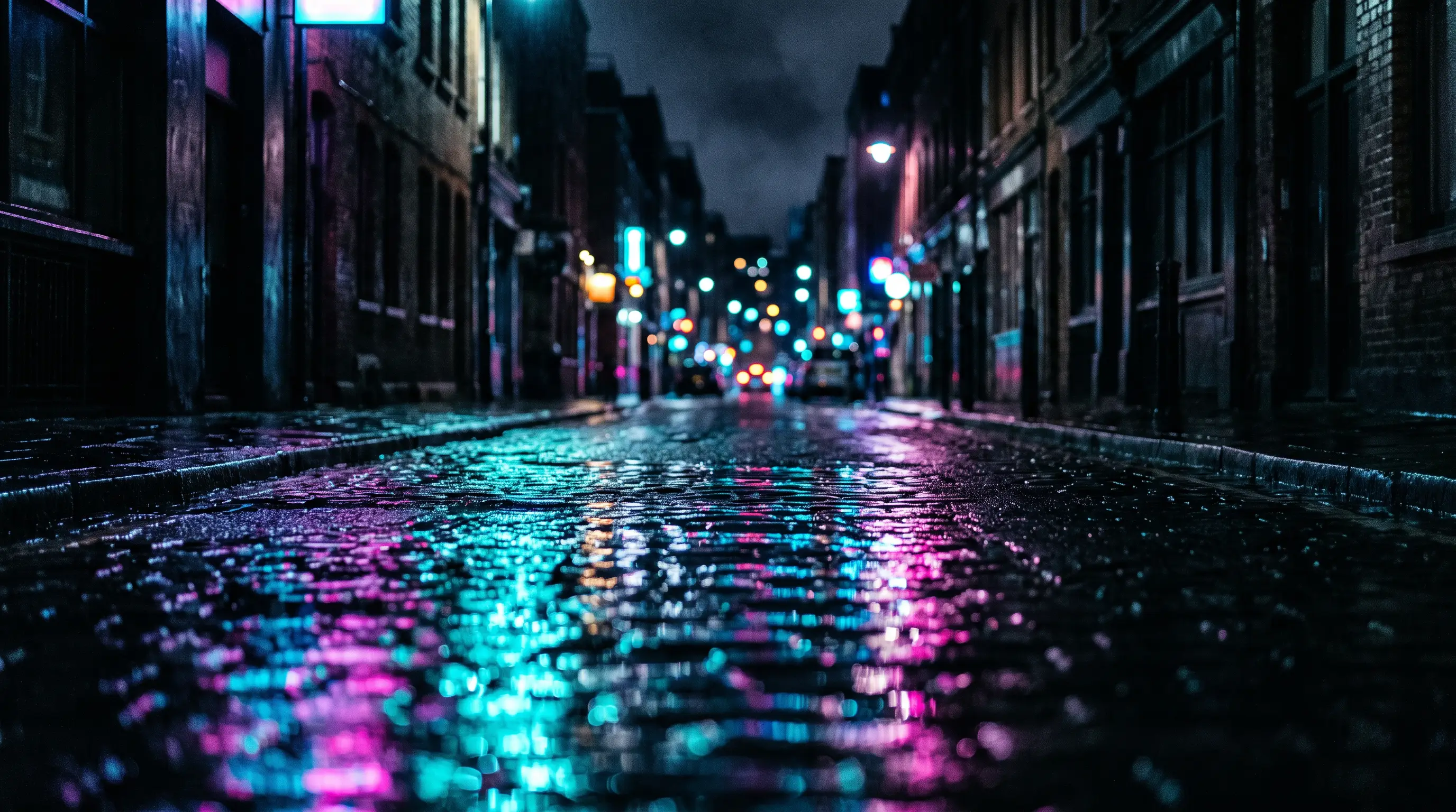 London street at night, neon reflections on wet asphalt