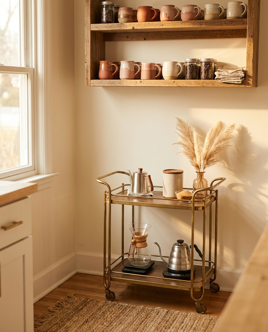 Aesthetic home coffee bar corner styled with ceramic mugs