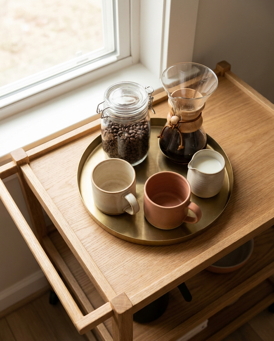 Home coffee bar station styled with mugs and brass tray