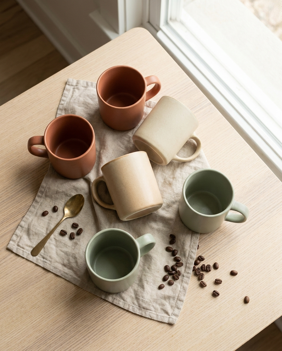 Flat lay of aesthetic ceramic coffee mugs