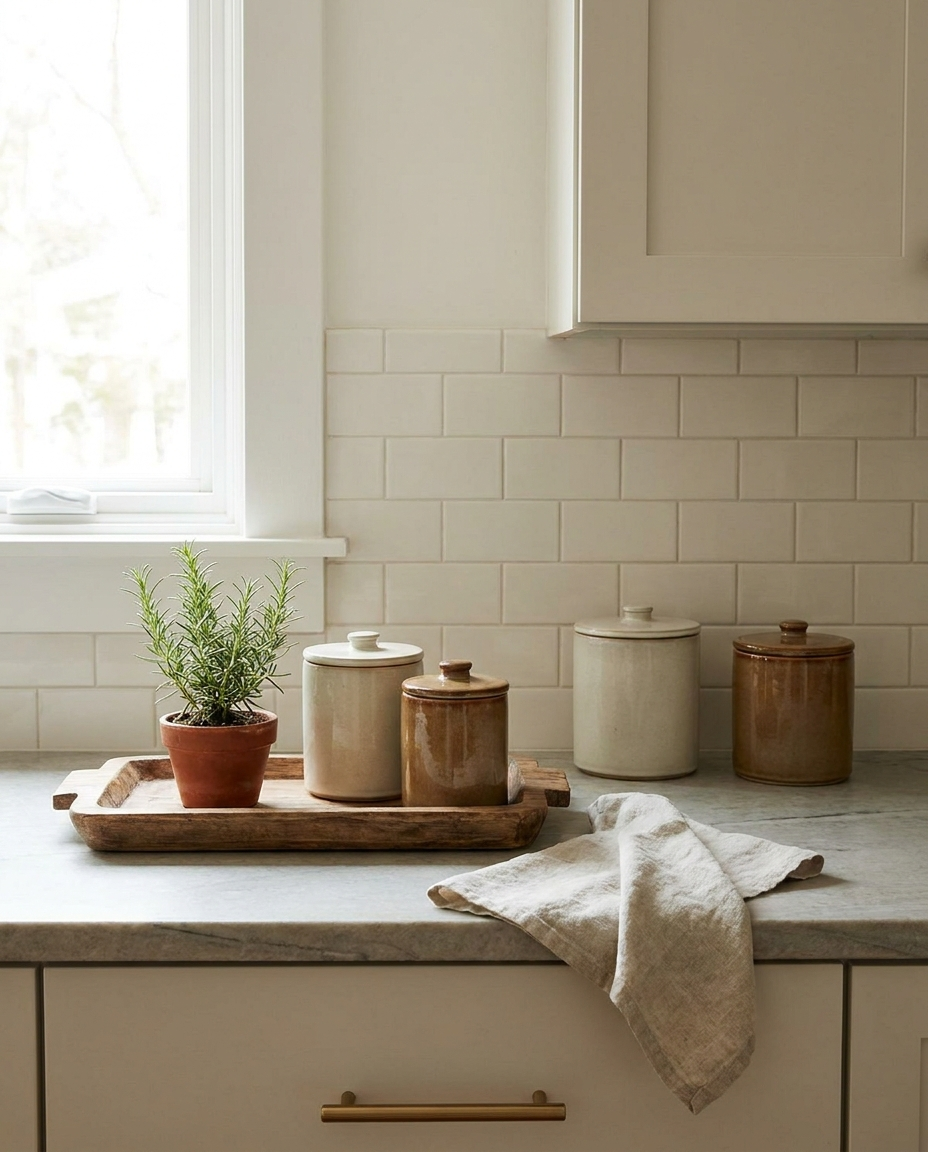 Aesthetic kitchen counter styled with canisters and a wooden tray