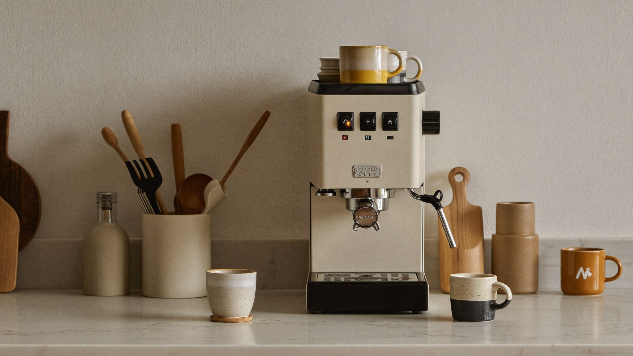 Modern espresso machine styled on a marble kitchen counter