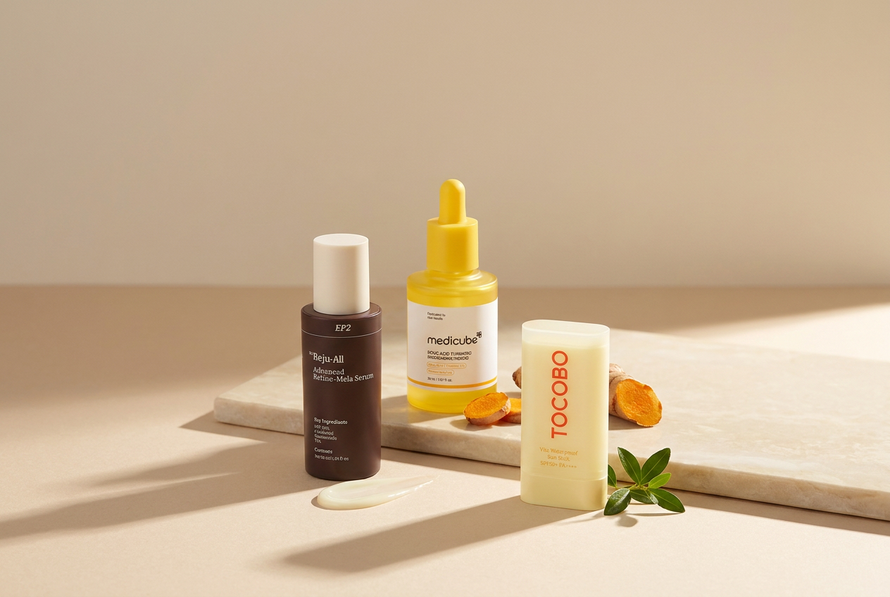 RuZu Beauty brightening trio for dark spots: Medicube Kojic Acid Turmeric Niacinamide Serum, Dr. Reju-All Advanced Retino-Mela Serum and Tocobo Vita Waterproof Sun Stick