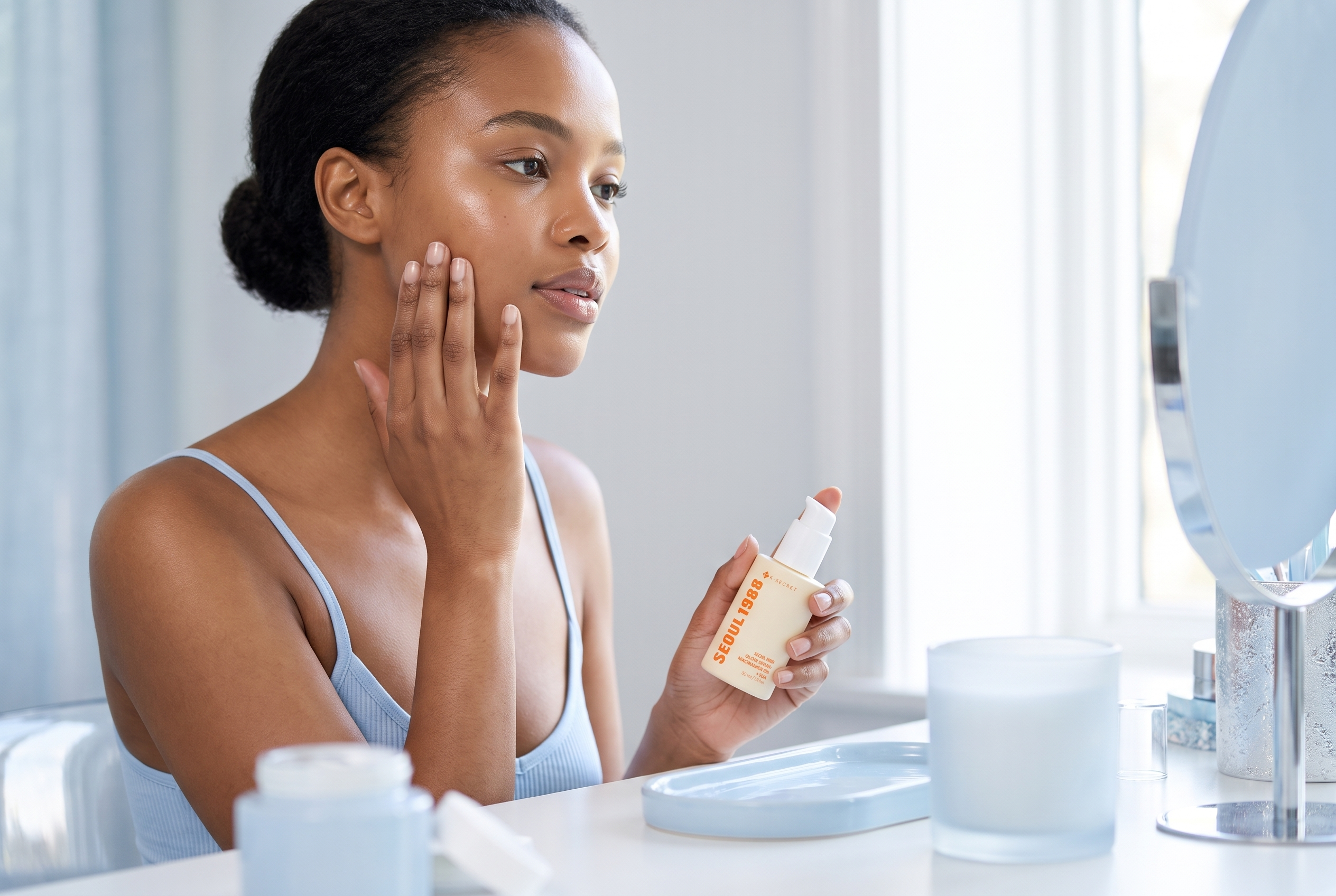 Woman applying Seoul 1988 Glow Serum to combination skin