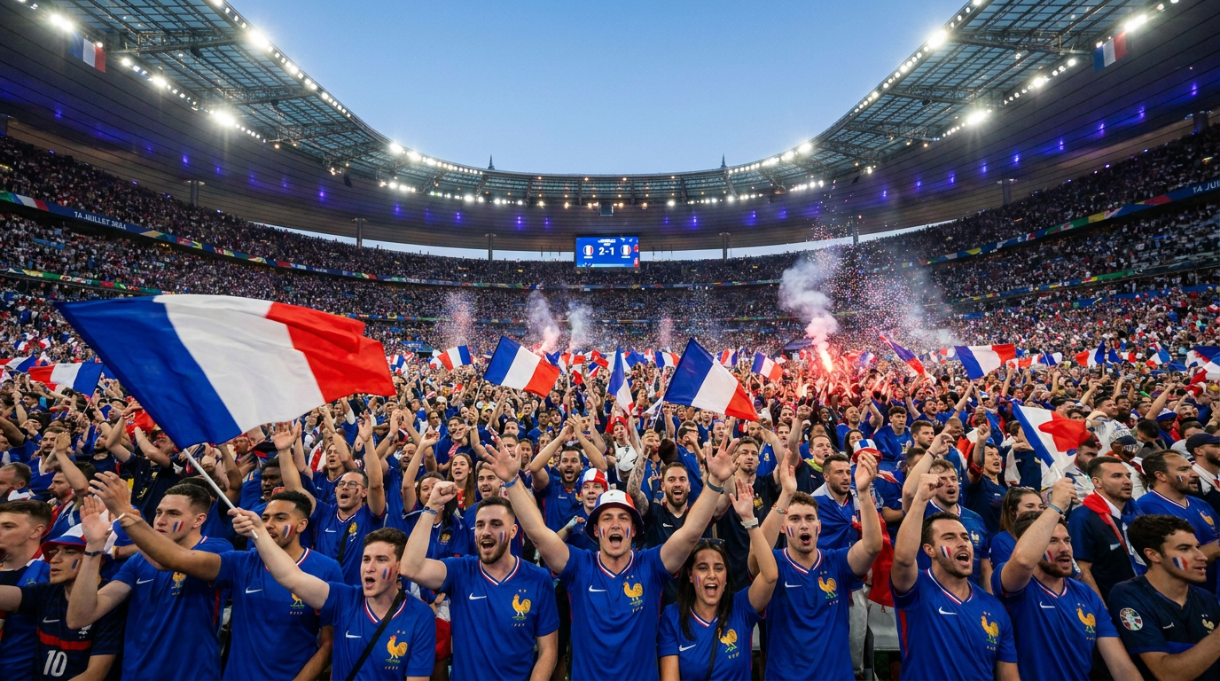Supporters français fêtant un match de la Coupe du Monde 2026 dans un stade
