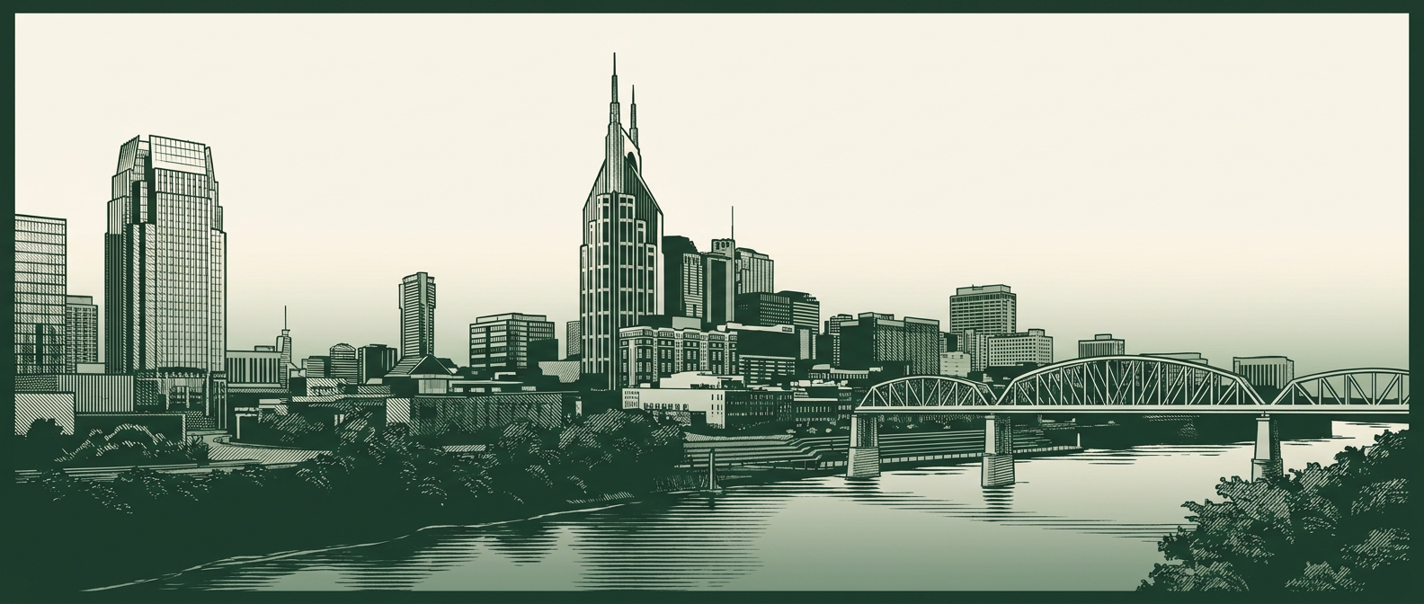Duotone illustration of the downtown Nashville skyline in deep green and ivory