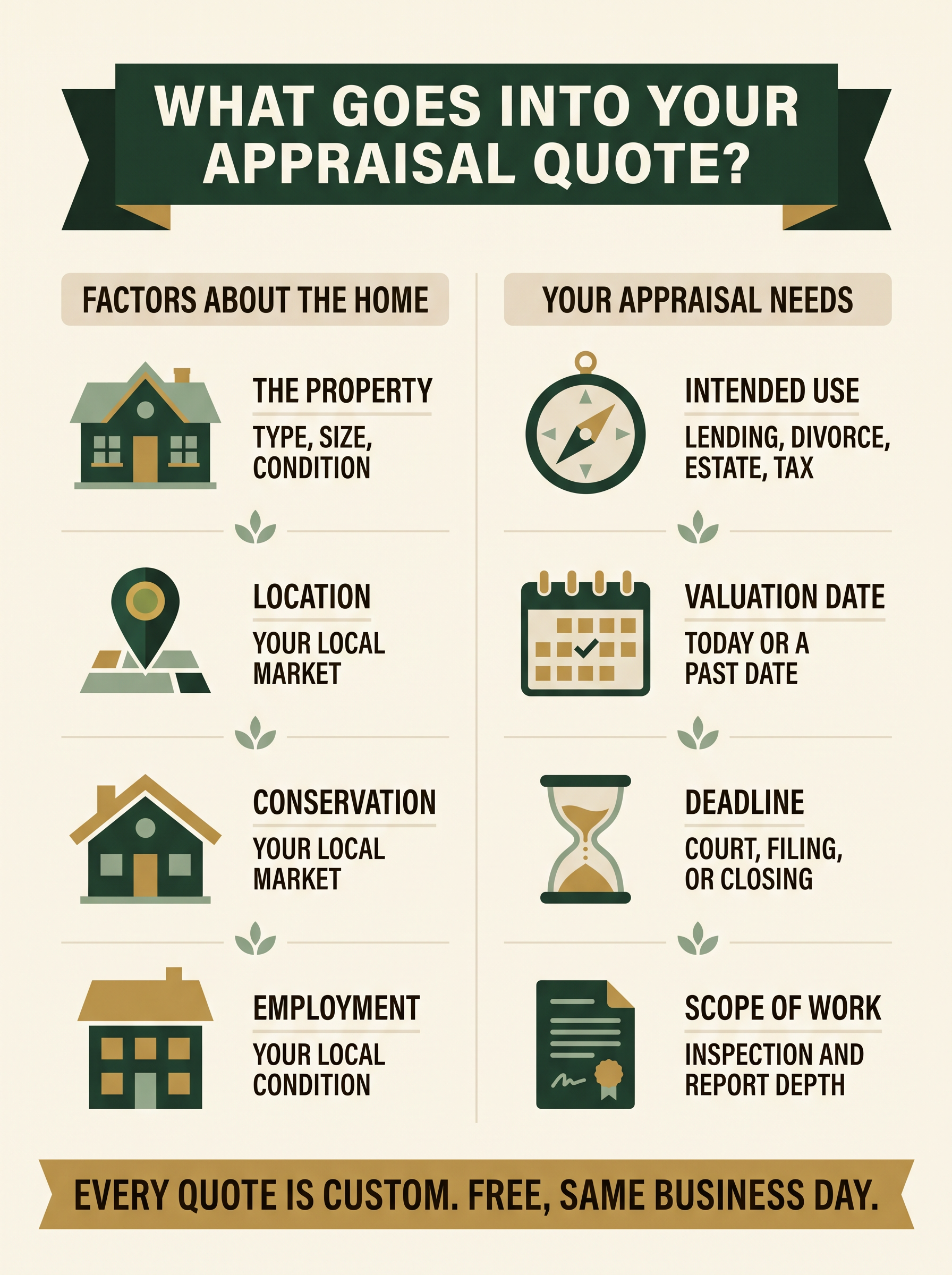 Infographic: what goes into your appraisal quote — the property, location, intended use, valuation date, deadline, and scope of work