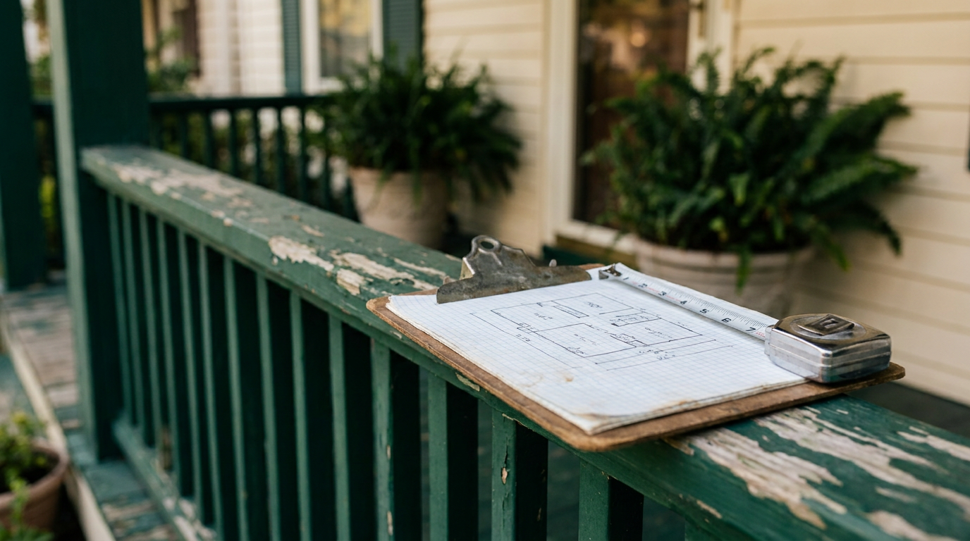 Clipboard with a property sketch and a measuring tape resting on a wooden porch railing during a residential appraisal inspection