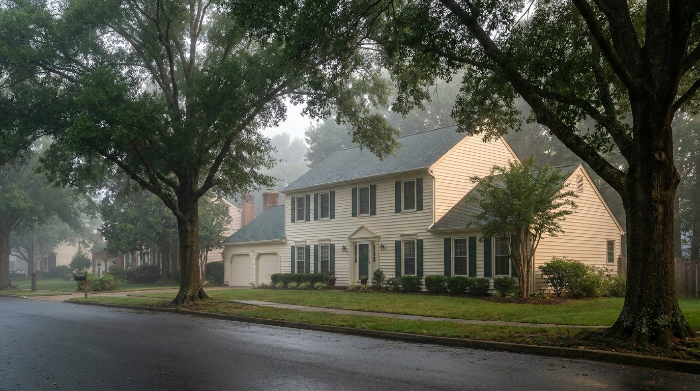 Serene suburban home exterior on a quiet street in soft early-morning light with gentle mist and mature trees