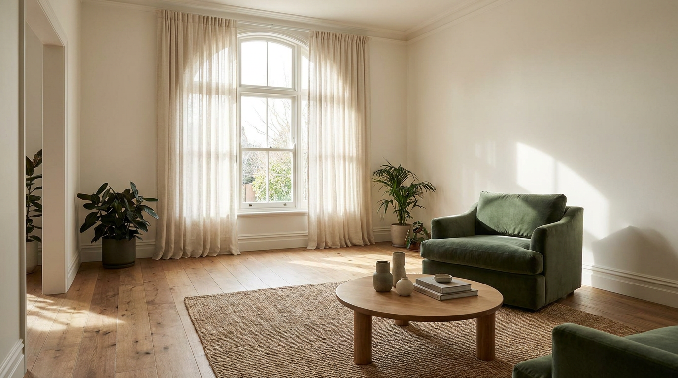 Calm sunlit empty living room of a family home with hardwood floors, soft ivory walls, and sheer curtains at a single window