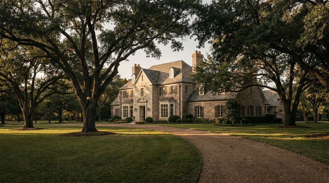 Classic stately family home with mature oak trees and a long front walk in late-afternoon light