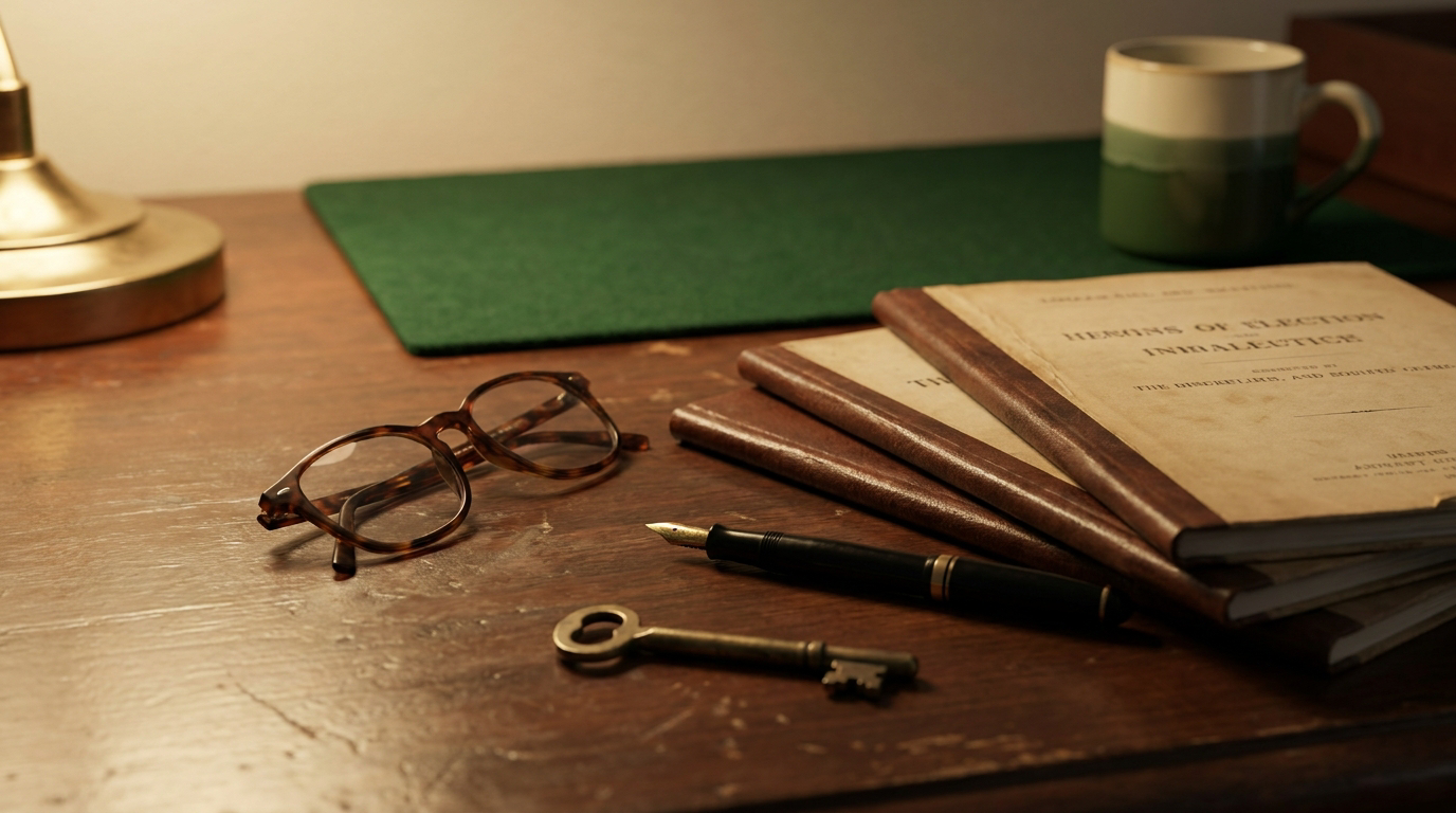 Estate paperwork, reading glasses, a fountain pen, and an old brass key on a dark wood desk in warm lamplight