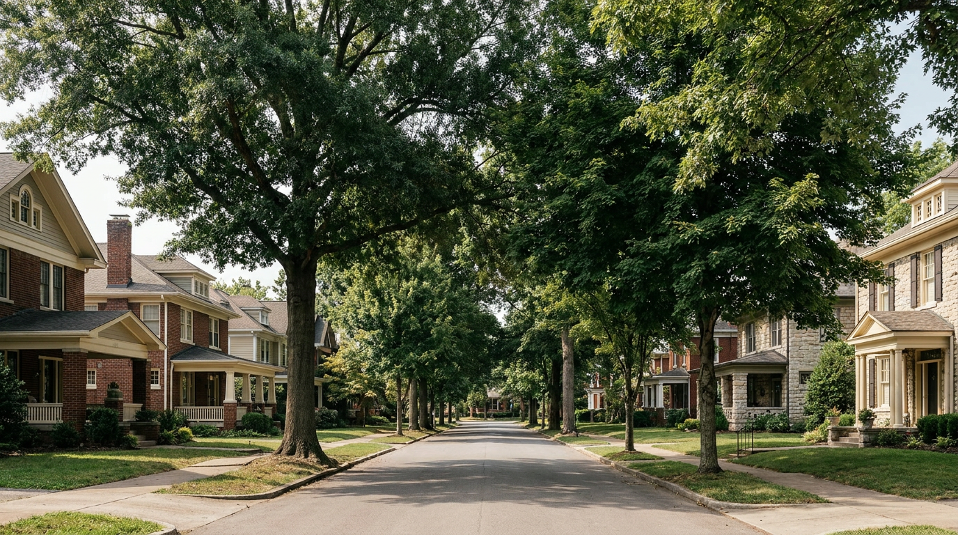 Pleasant tree-lined residential street in a Middle Tennessee town with sidewalks and varied home styles in clear daylight