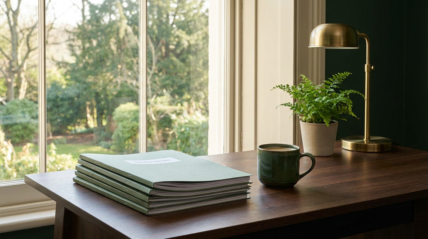 Neatly stacked appraisal reports and a coffee cup on a tidy desk beside a window in morning light