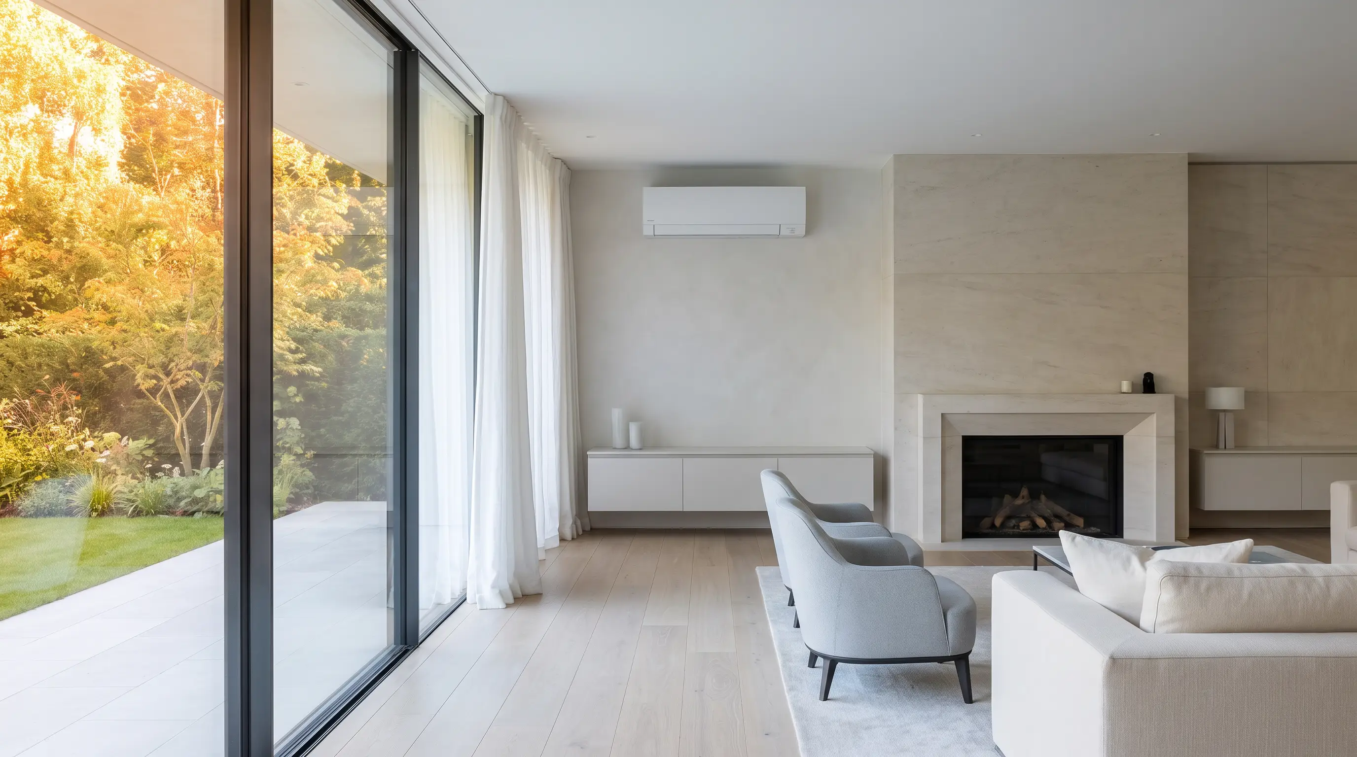 Cool, calm contemporary living room with discreet air conditioning while summer heat glows outside