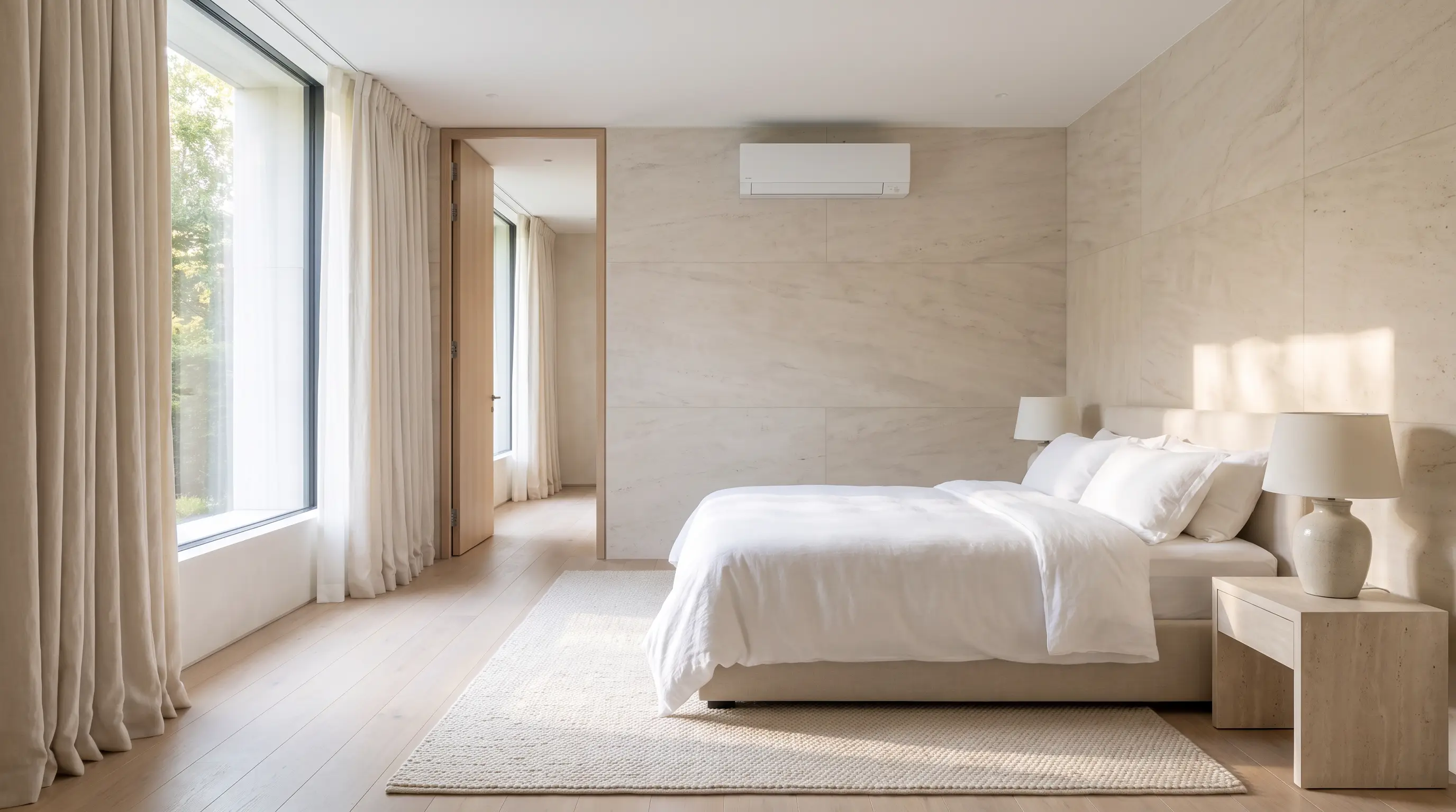 Refined bedroom with a discreet wall-mounted unit above the doorway