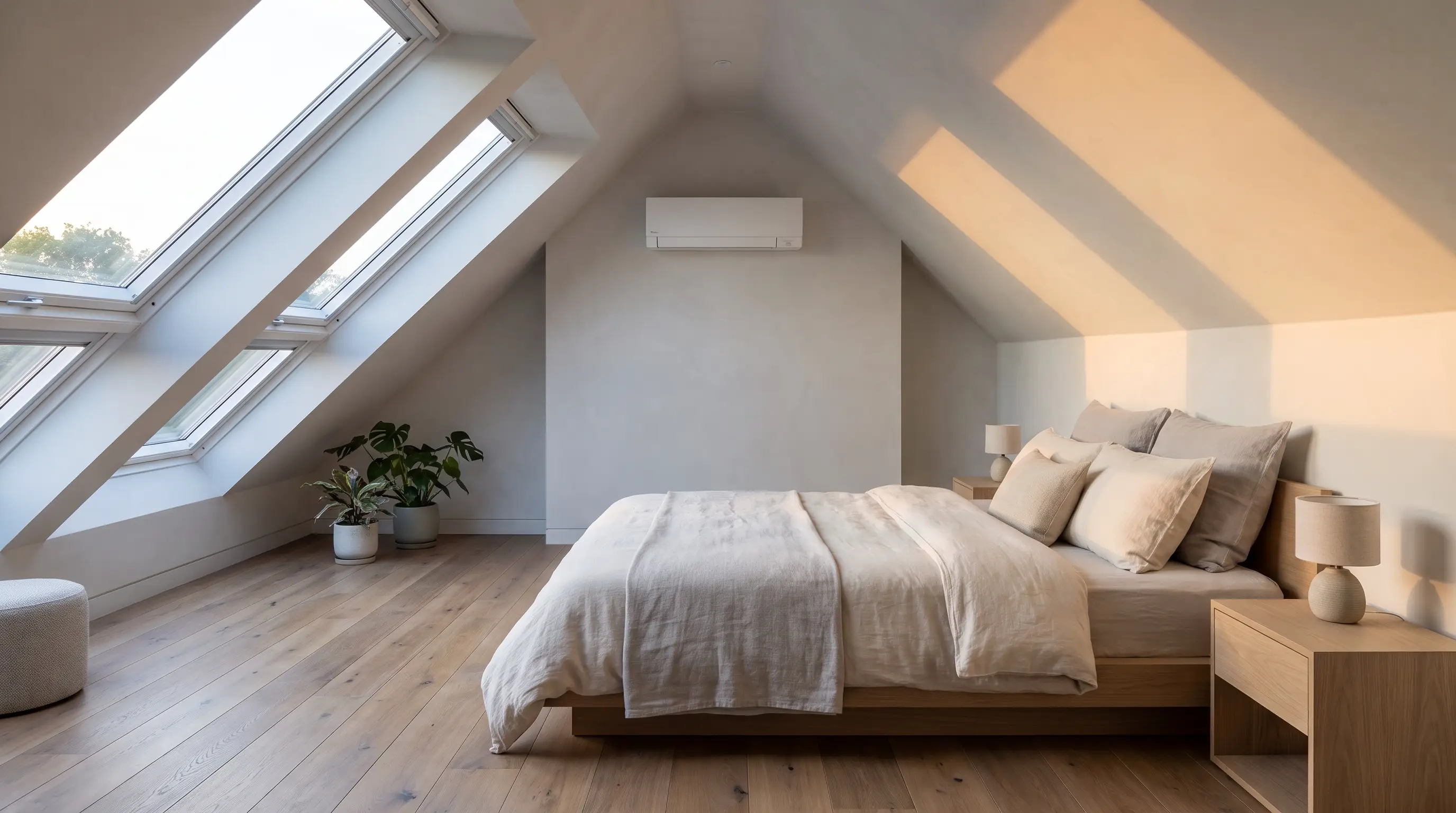Compact quiet air conditioning in a loft bedroom