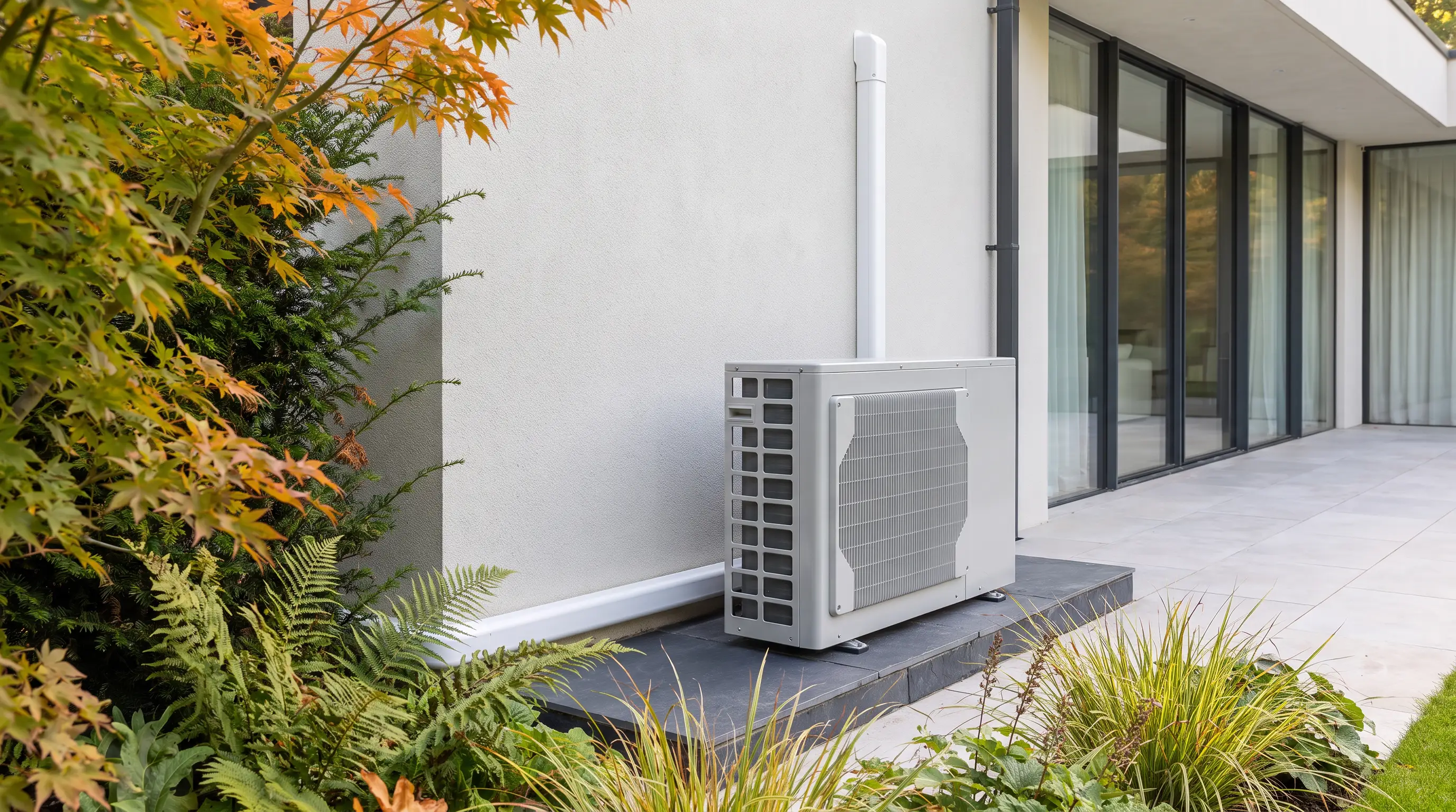 Neatly installed low-noise outdoor condenser beside a rendered wall