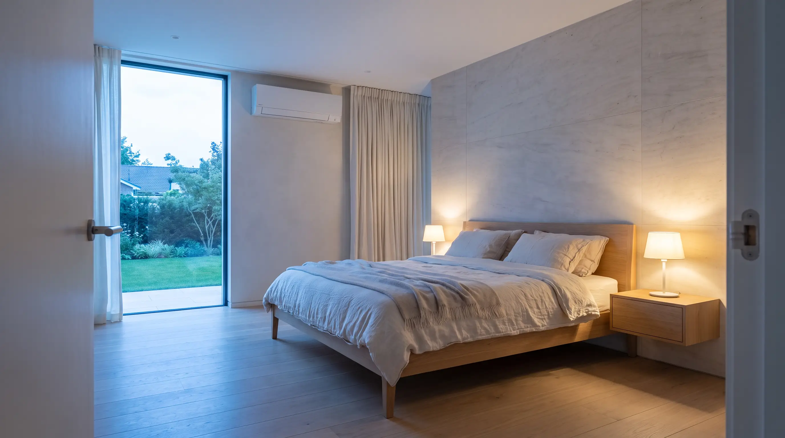 Refined bedroom with discreet wall-mounted air conditioning