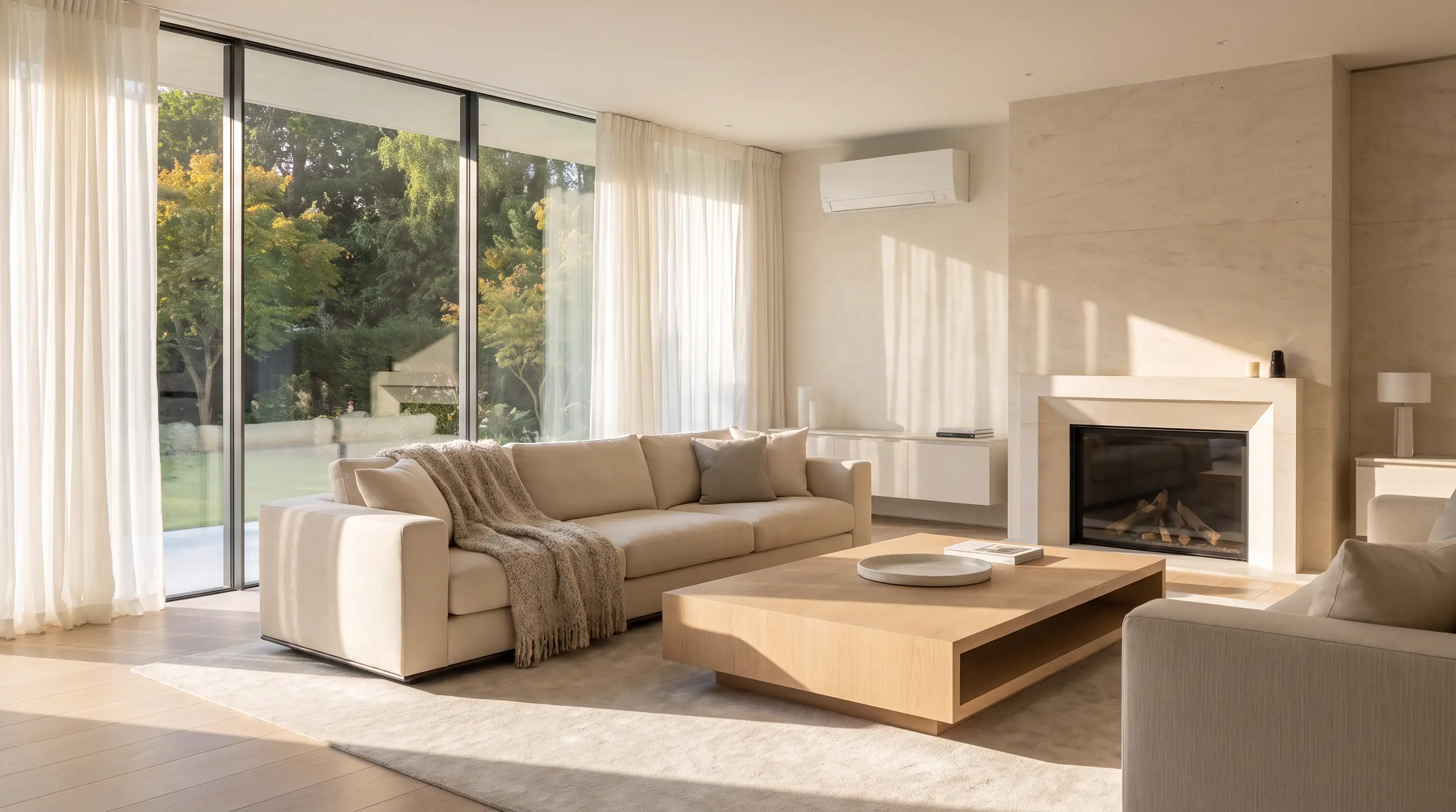 Open-plan glazed living space kept comfortable by discreet air conditioning