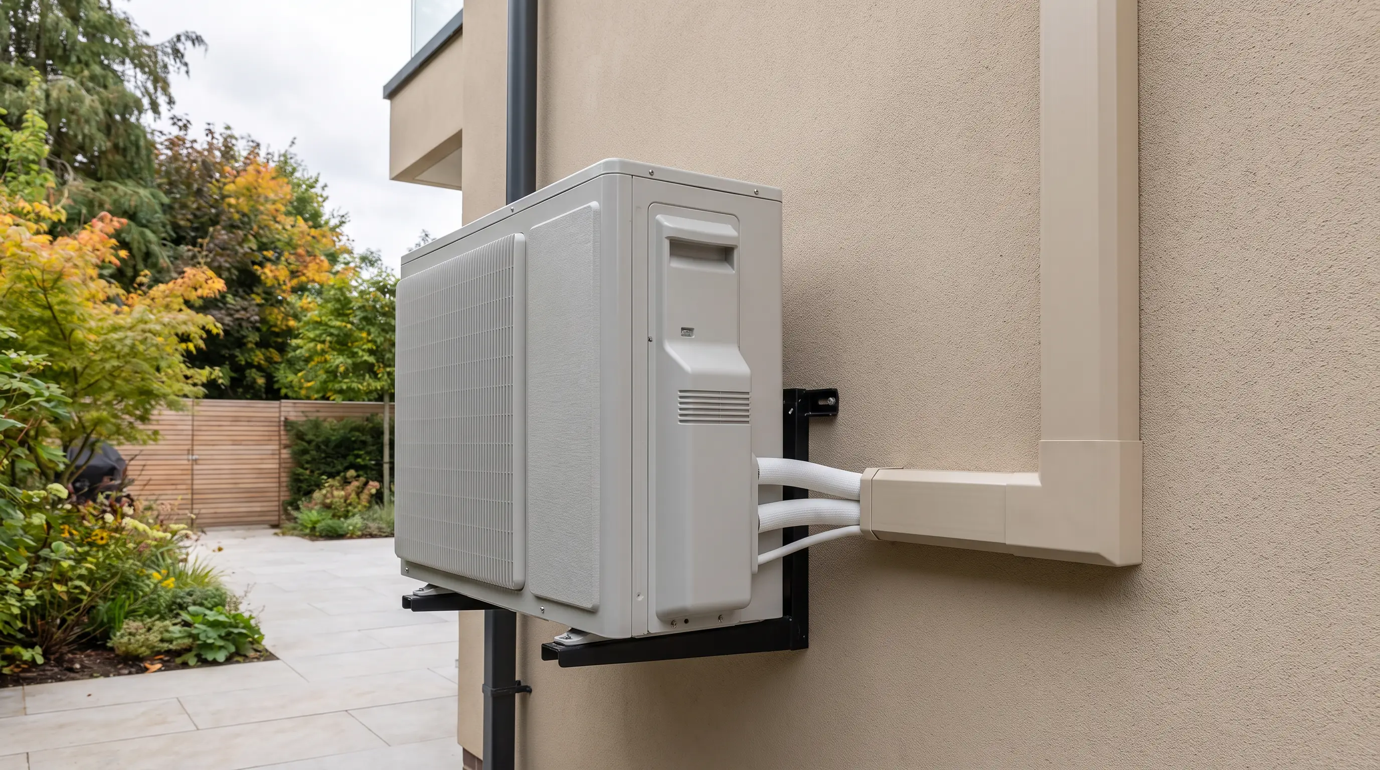 Bracket-mounted low-noise condenser with twin neat pipe runs